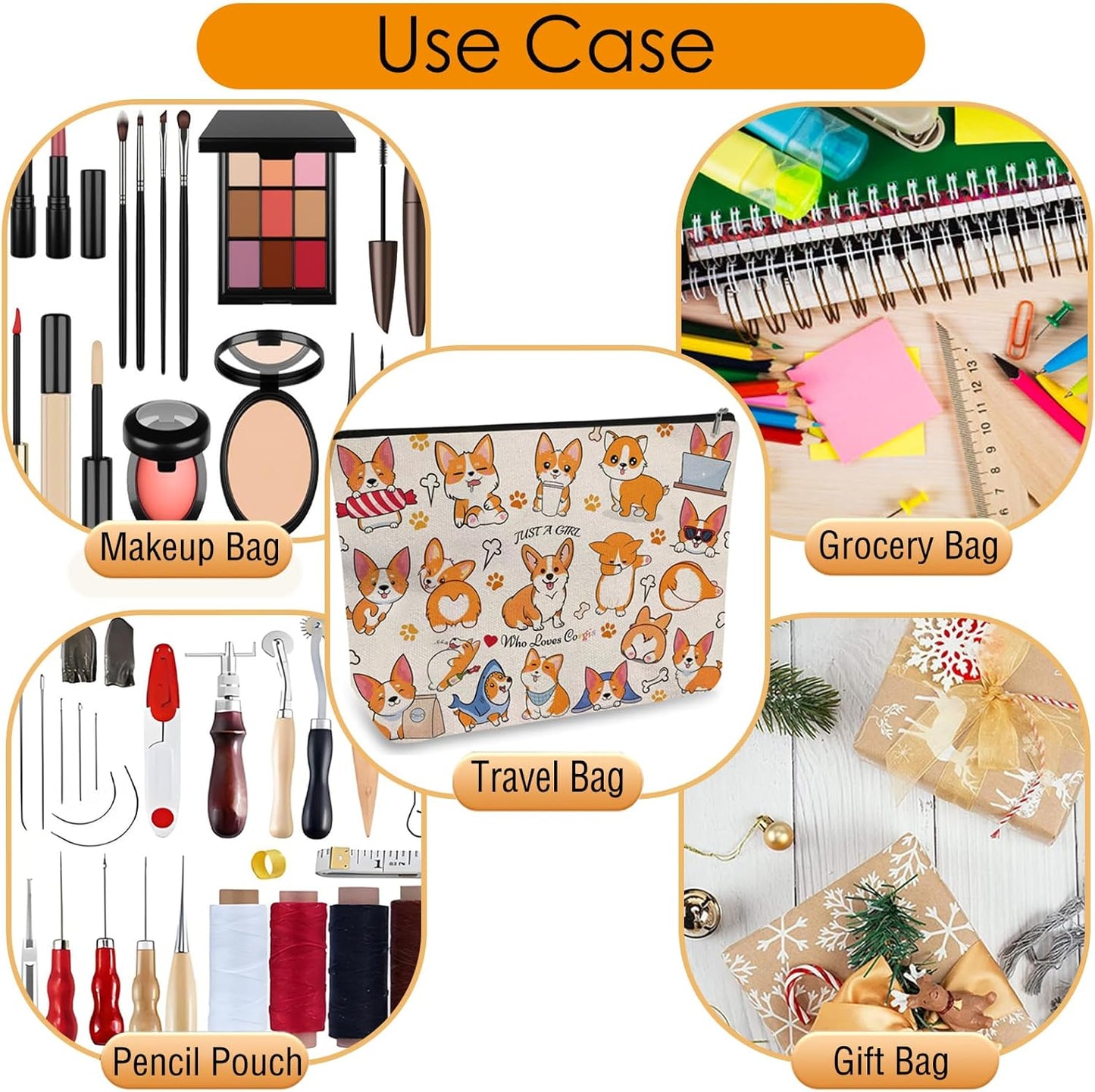 DOOX Corgi Makeup Bags with Lining, Funny Cosmetic Bags Pencil Pouch - Double-Sided Print - Double-Sided Print - Cute Birthday & Christmas Corgi Gifts for Daughter,Sister, Women