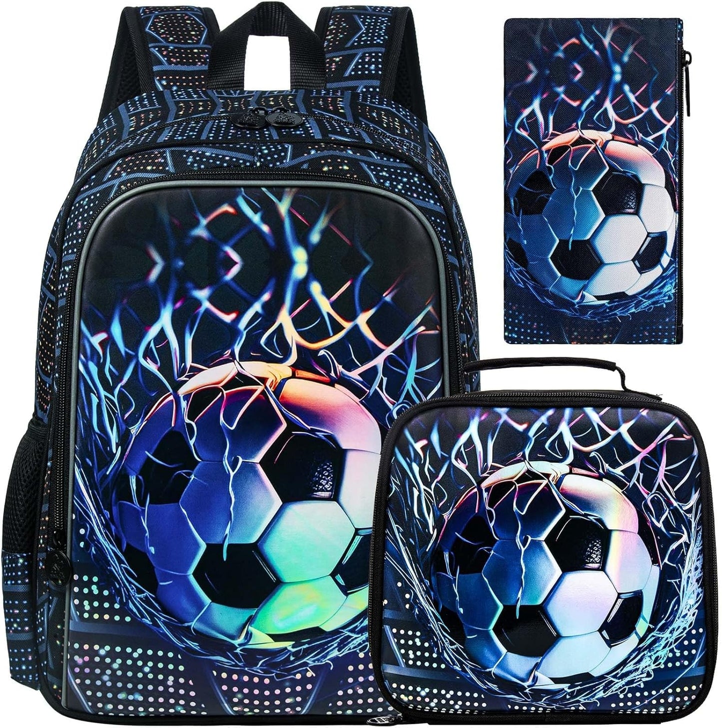 3PCS Kids Backpack for Boys, Water Resistant Soccer Bookbag Set with Lunch Box, Cute School Bag for Preschool Toddler
