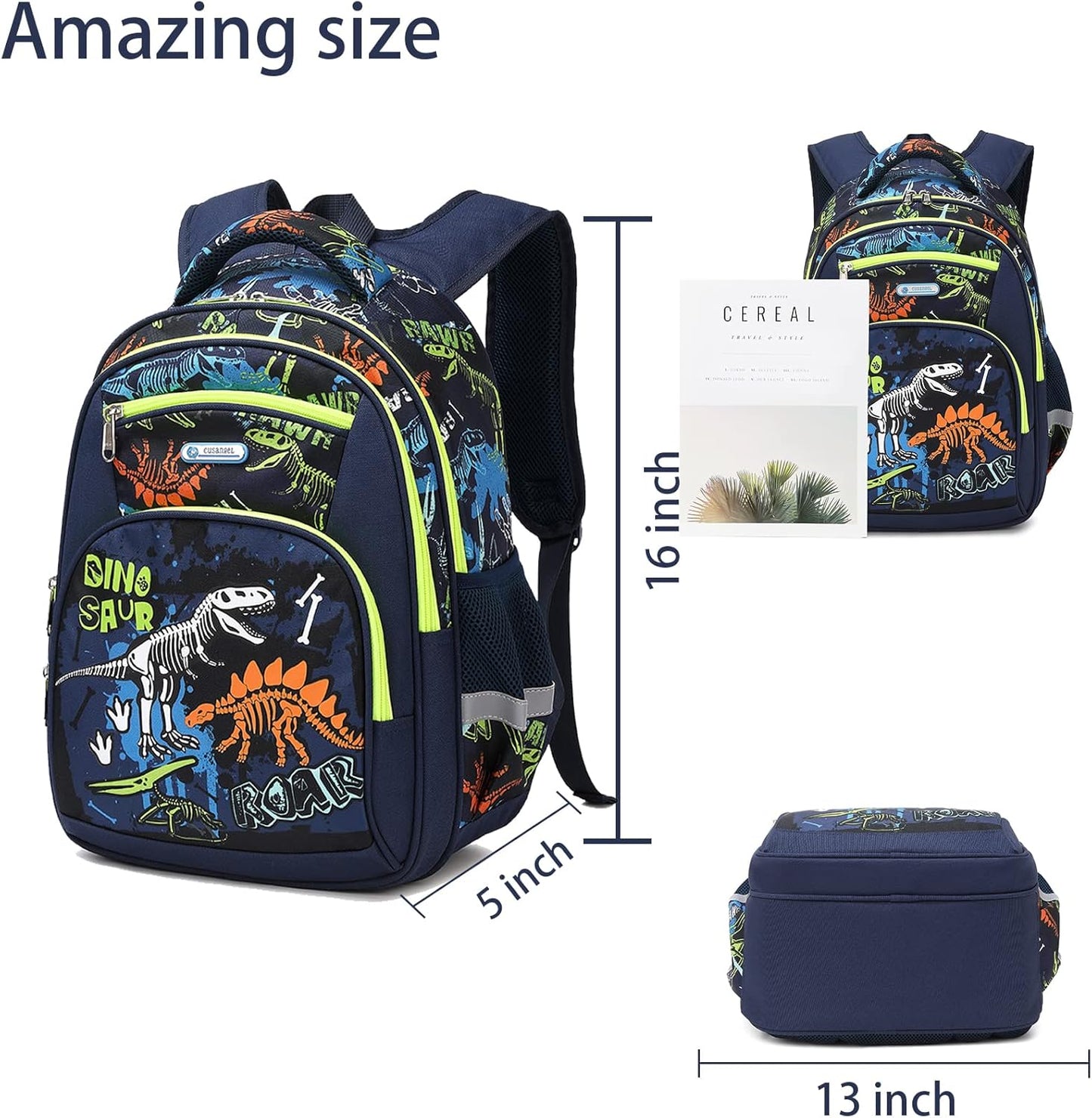 Cusangel Backpack for Boys Girls School Bookbags,Kindergarten Elementary Middle School Lightweight Waterproof Multifunctional Large Capacity for Backpack (16inch Luminous dinosaur)