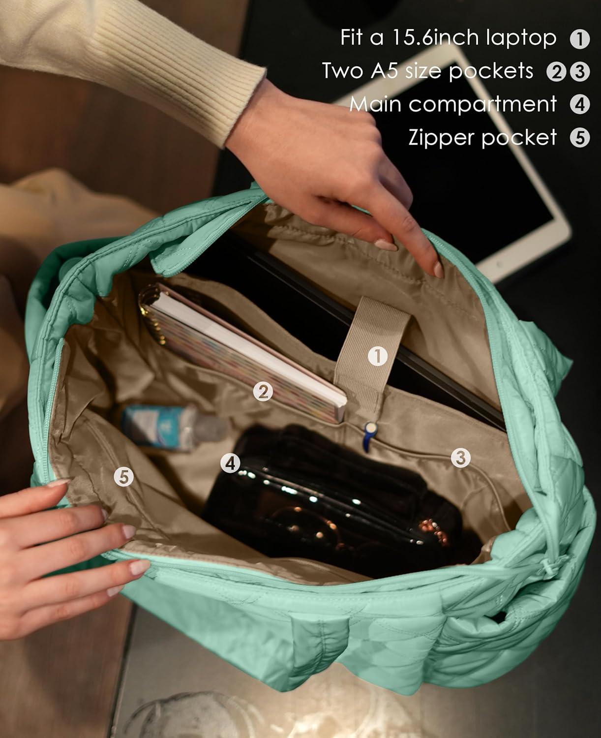 Tote Bag for Women, Lightweight Puffer Tote Work Bags with Compartments for Travel, Quilted Shoulder Bag with Zipper