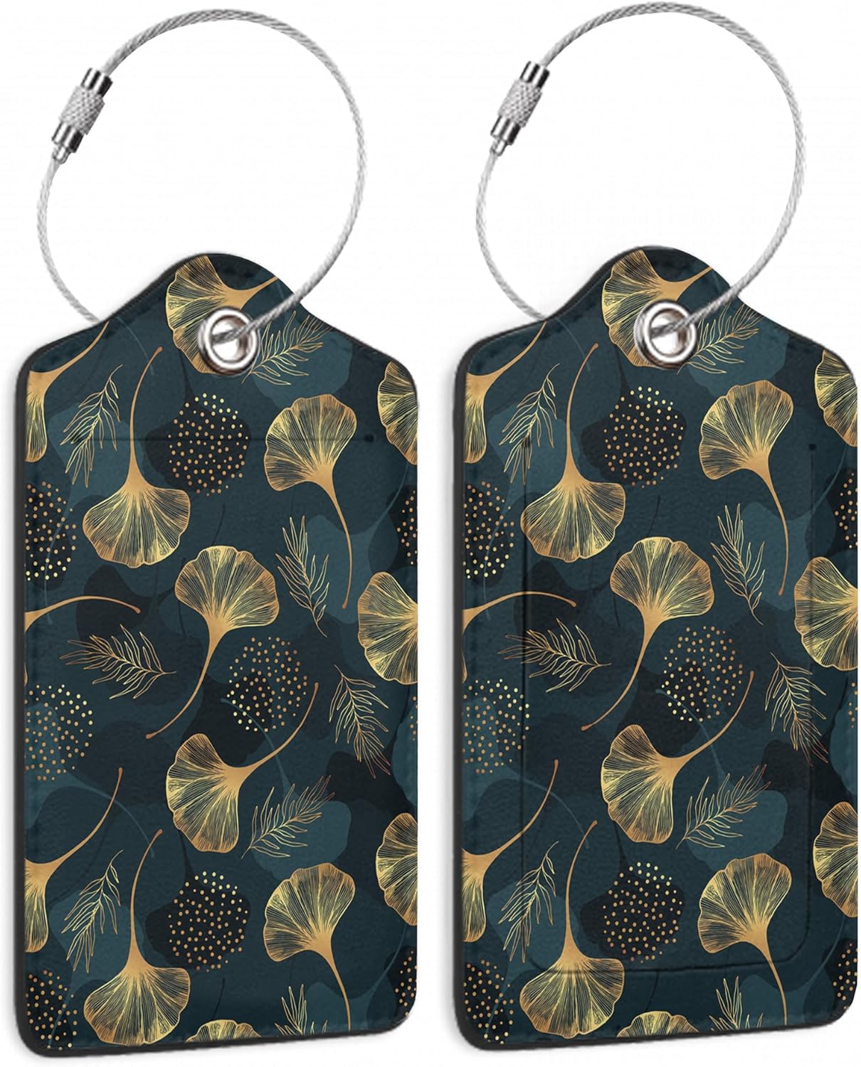 Luggage Tags Set of 2 Golden Gingko Leaves Leather Suitcase Tags with Stainless Steel Loop and Privacy Cover for Women Men Travel Luggage Accessories