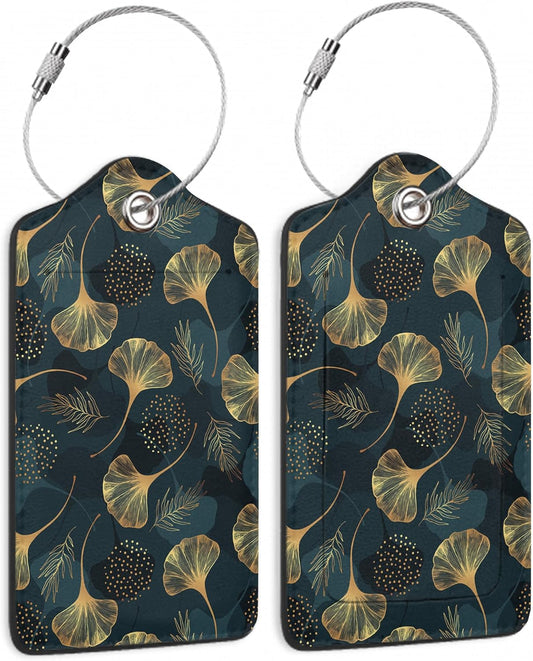 Luggage Tags Set of 2 Golden Gingko Leaves Leather Suitcase Tags with Stainless Steel Loop and Privacy Cover for Women Men Travel Luggage Accessories