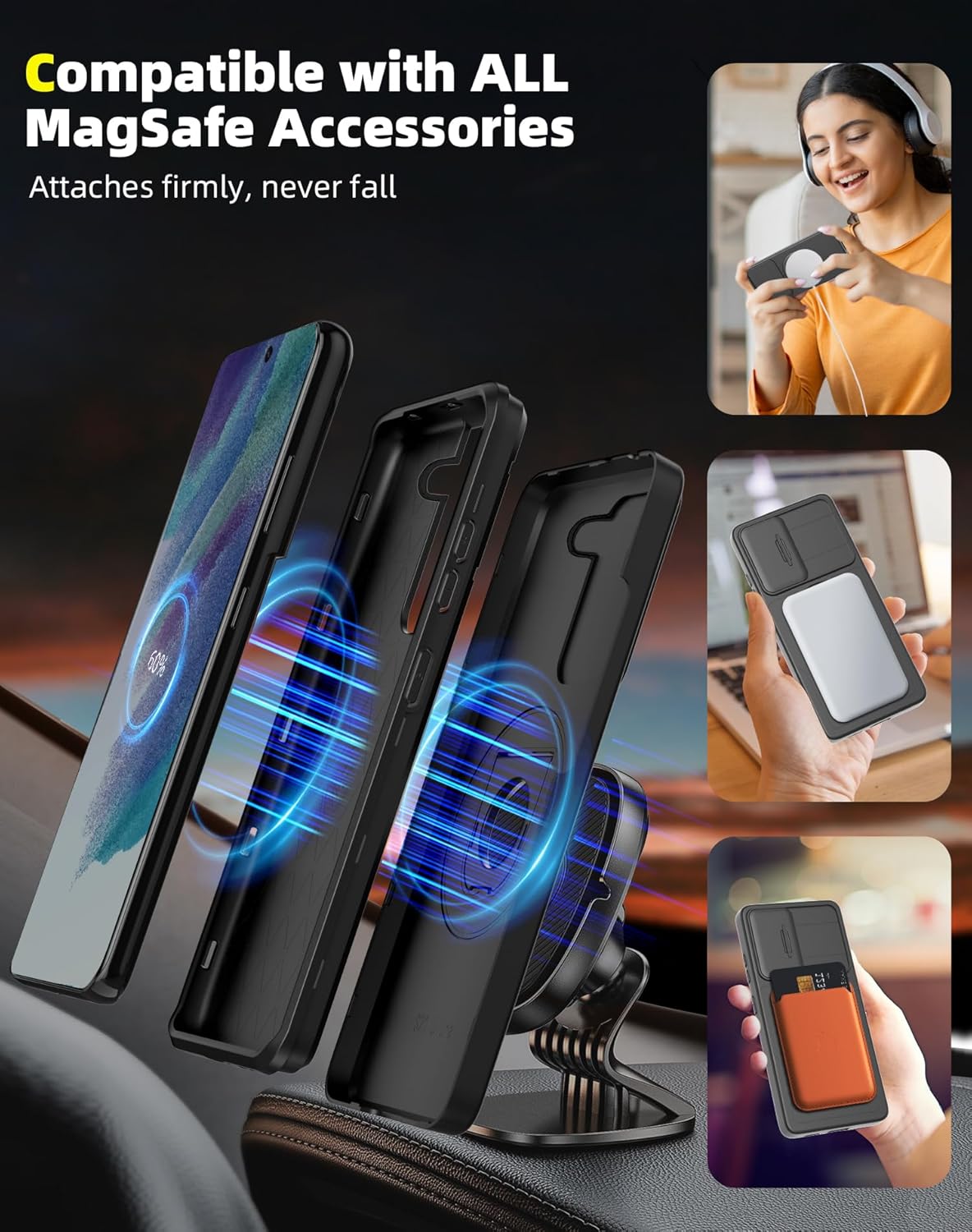 for Samsung Galaxy s21 FE Case Magnetic Compatible with MagSafe Wireless Charging,with 2 Screen Protectors,Built-in Stand Ring+Camera Cover Anti-Scratch Shockproof Heavy Duty Protection Black