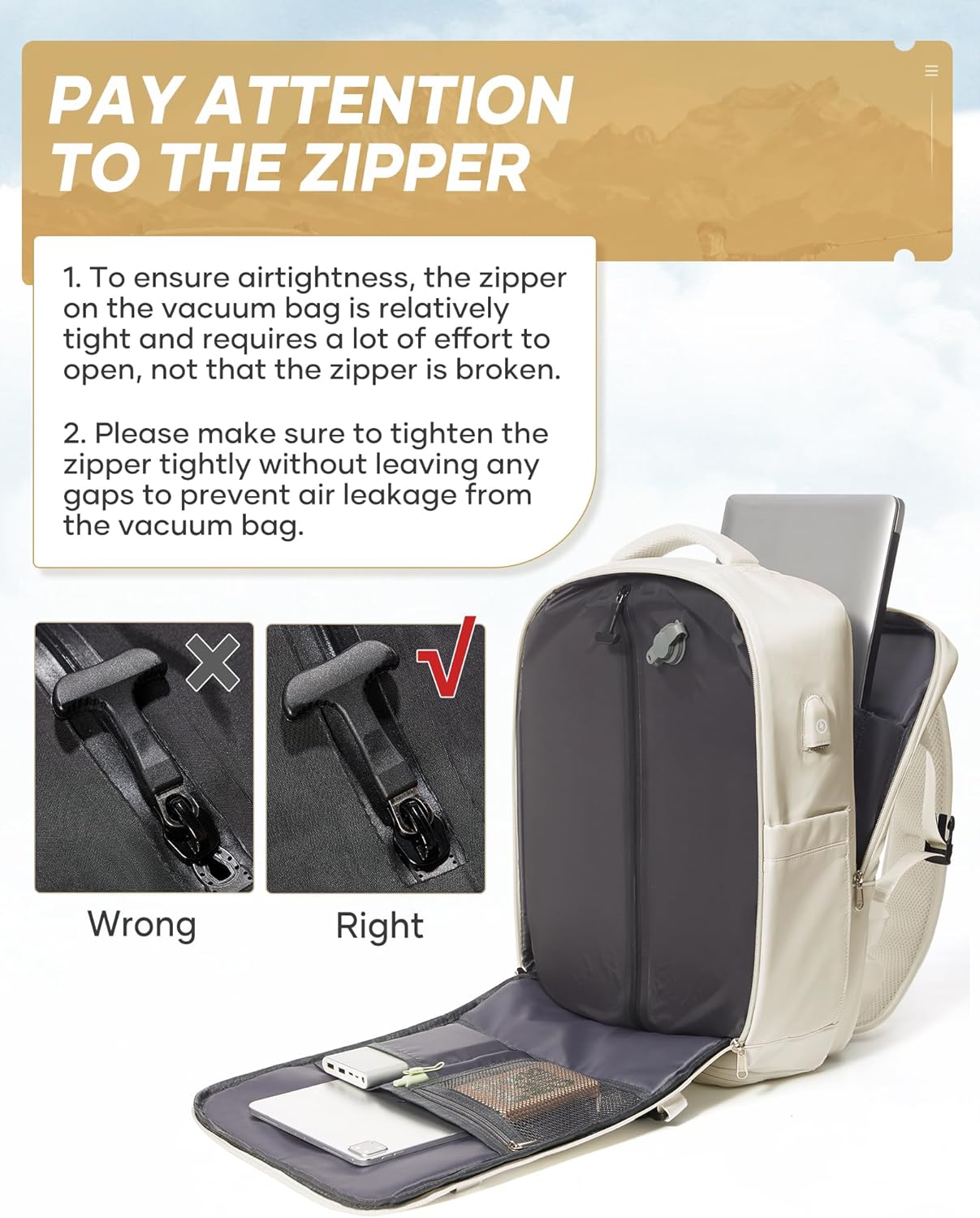 Vacuum Travel Backpack with Electric Vacpack Pump for Women, 40L Expandable Vacuum Compression Bags Personal Item Backpacks Flight Approved Traveling Carry on Suitcase Luggage, Beige