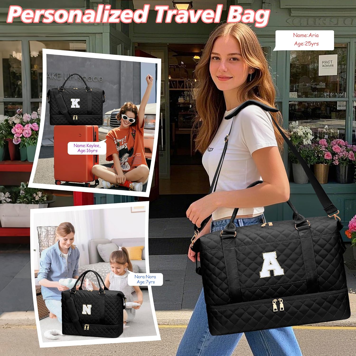 Gifts for Women Girls Initial Travel Duffle Bag Quilted Weekender Carry-On Overnight with Cosmetic