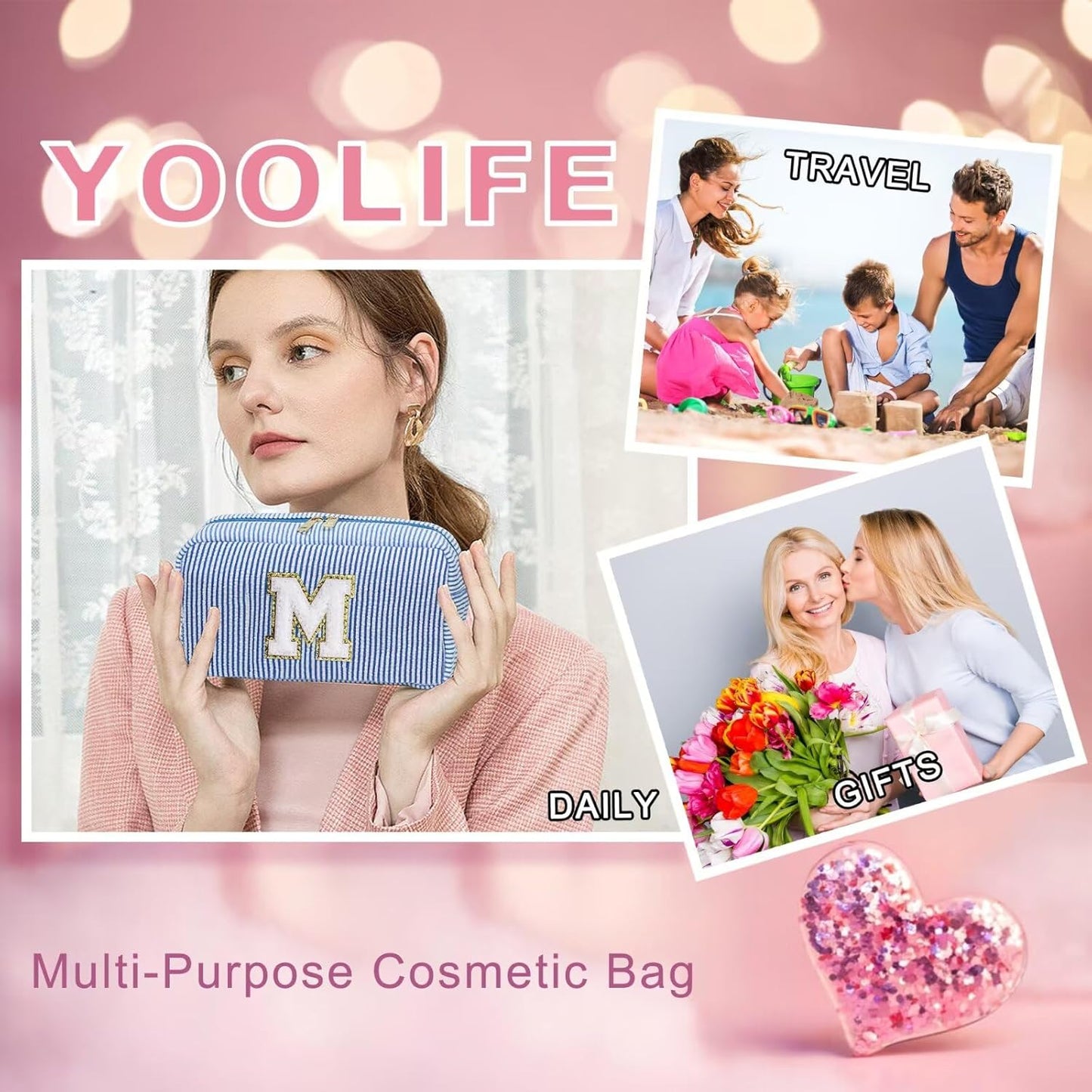 YOOLIFE Blue Cosmetic Travel Makeup Bag - Monogram Cute Initial Makeup Bags Cosmetic Toiletry Pouch