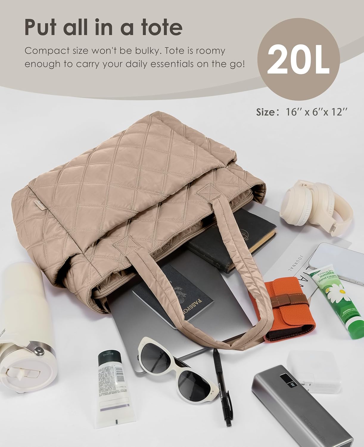 Tote Bag for Women, Lightweight Puffer Tote Work Bags with Compartments for Travel, Quilted Shoulder Bag with Zipper