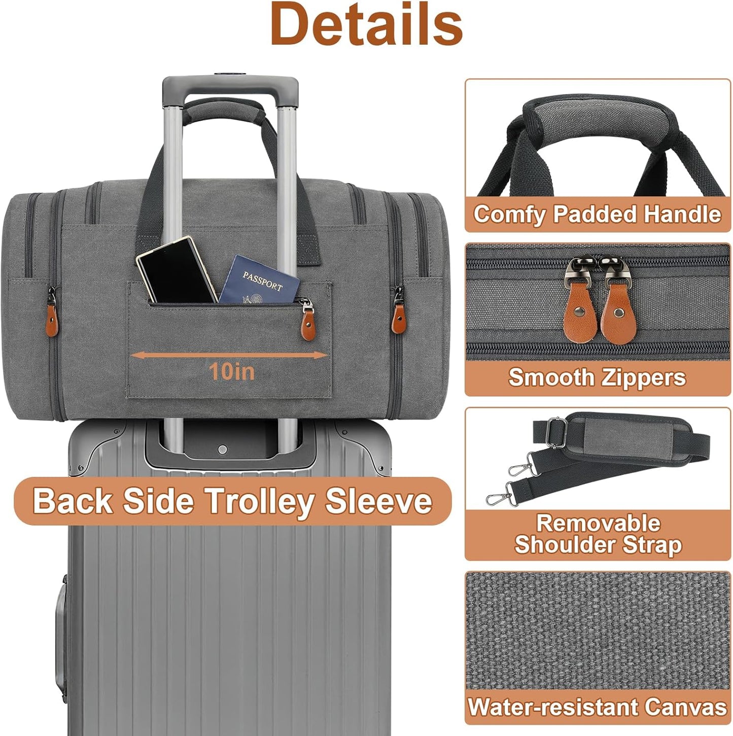 Canvas Mens Duffle Bag for Travel - Expandable 50L Weekender Bags with Toiletry Bag, Overnight Bag Travel Duffel Carry On Luggage with Removable Shoulder Strap, Durable & Water-Resistant
