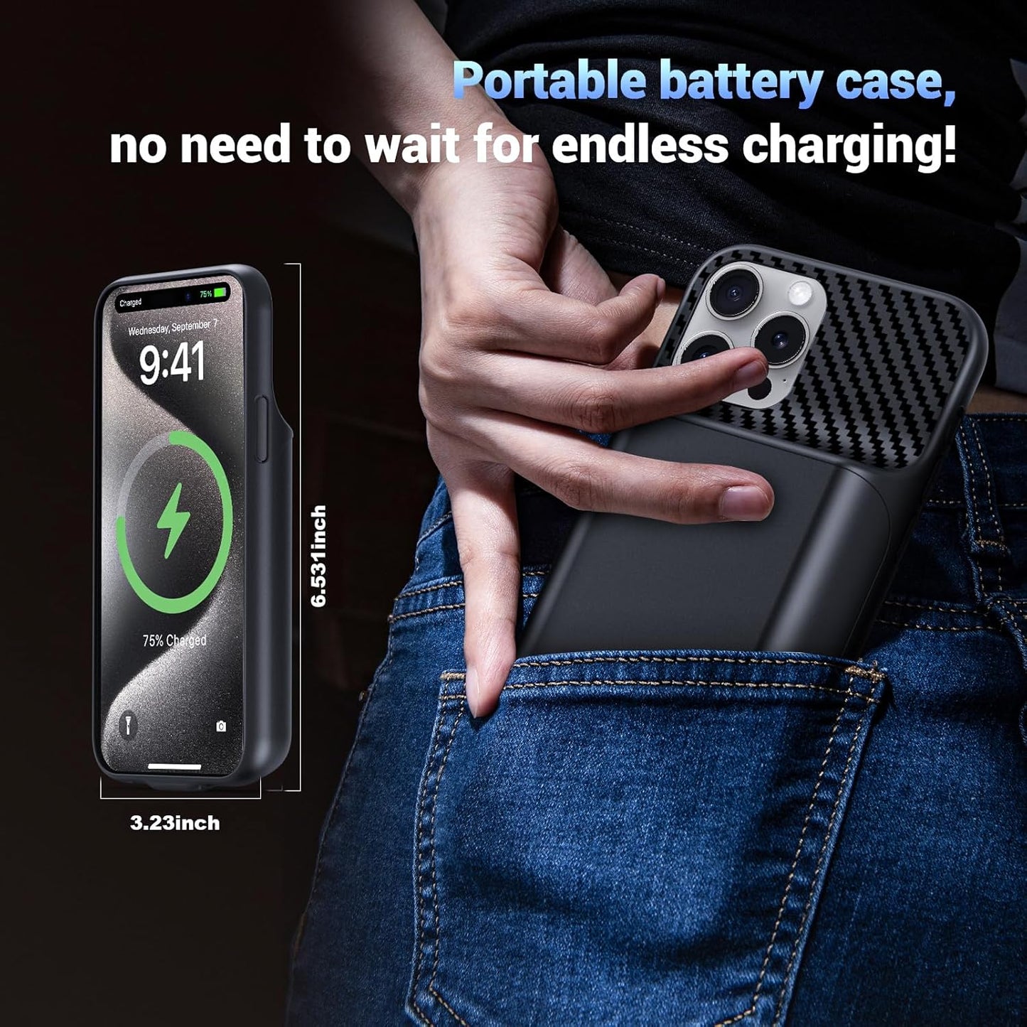 Battery Case for iPhone 15 Pro Max (6.7 inch), 2025 Upgraded High Capacity 13800mAh Battery Pack Rechargeable Charger External Charging Case with Tempered Glass Screen Protector Black