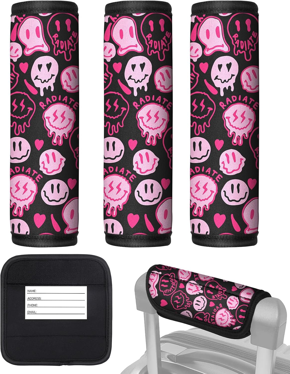 Slohif Luggage Handle Wrap 3Pcs Suitcase Identifier - Bag Strap Cover For Bogg Travel Accessories Easy Identification Bright Marker Sleeve Grips Comfort Neoprene Concealed Tag For Airport Pink Smile