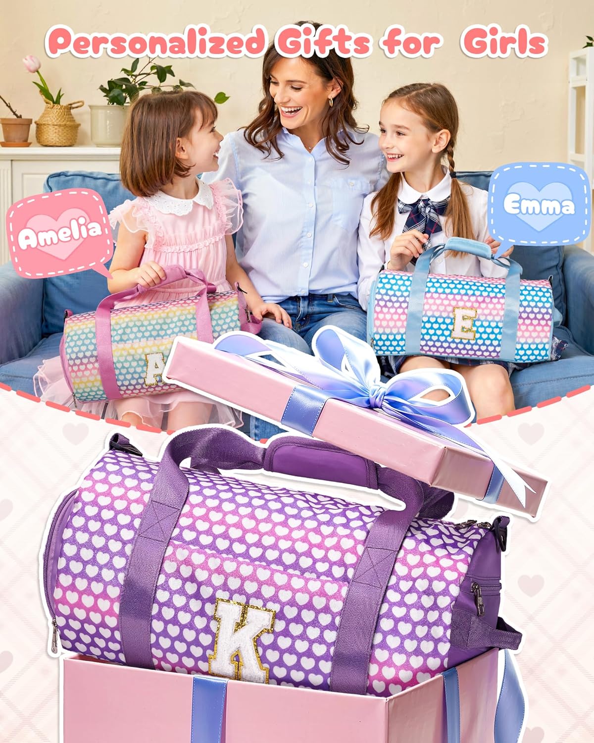 Gifts for Teenage Girl, Girls Travel Duffel Bag, Kids Initial Overnight Bags with Shoe Compartment