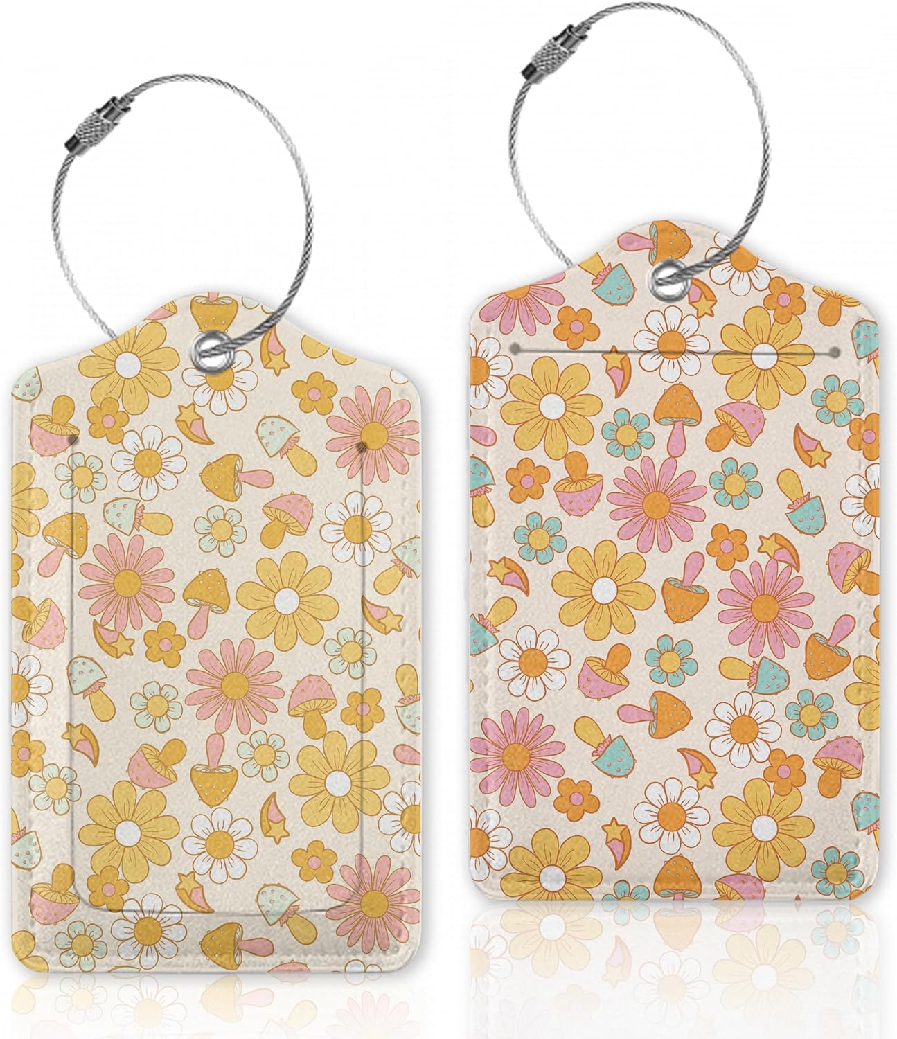 2 Pcs Luggage Tag for Suitcases,Retro Groovy Floral Mushrooms Leather Baggage Tags Identifiers for Travel, Privacy Protection Travel Bag Labels Flowers Suitcase Tags for Women Men