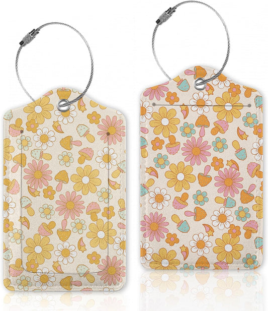 2 Pcs Luggage Tag for Suitcases,Retro Groovy Floral Mushrooms Leather Baggage Tags Identifiers for Travel, Privacy Protection Travel Bag Labels Flowers Suitcase Tags for Women Men