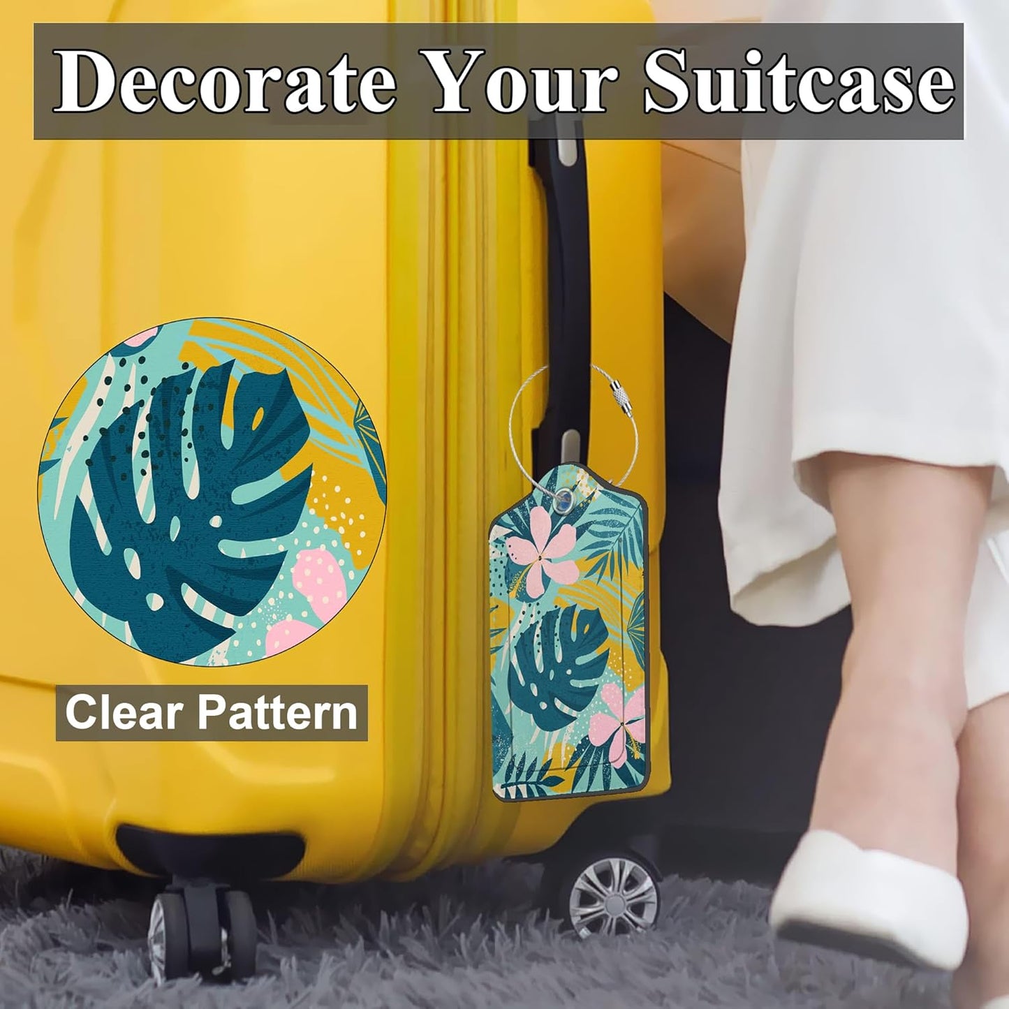 Boho Foliage Botanical Tropical Palm Leaves and Floral 2 Pack PU Leather Luggage Tags with Stainless Steel Loop, Travel Labels with Privacy Cover ID Label for Quick Spotting