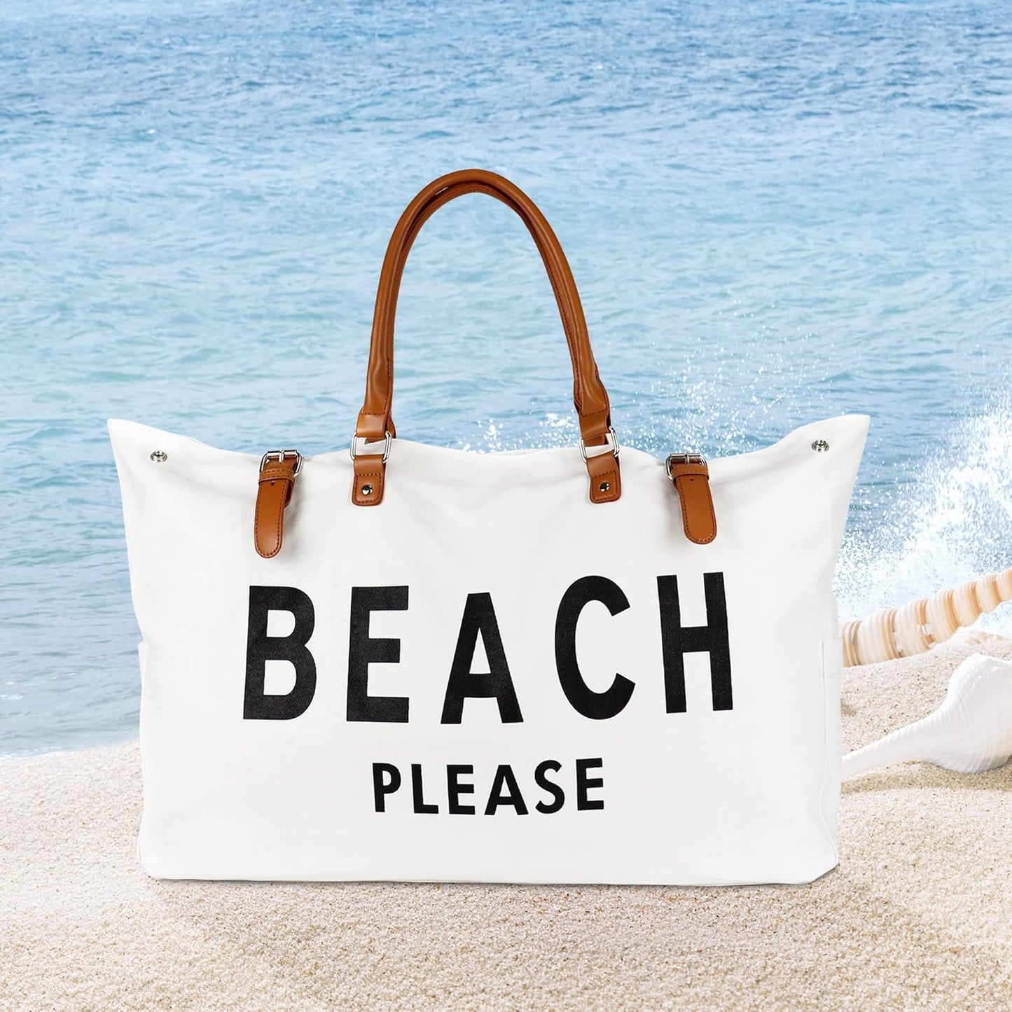 Beach Bag with Vegan Leather Handle, Extra Large Beach Bag for Women Waterproof Sandproof, White