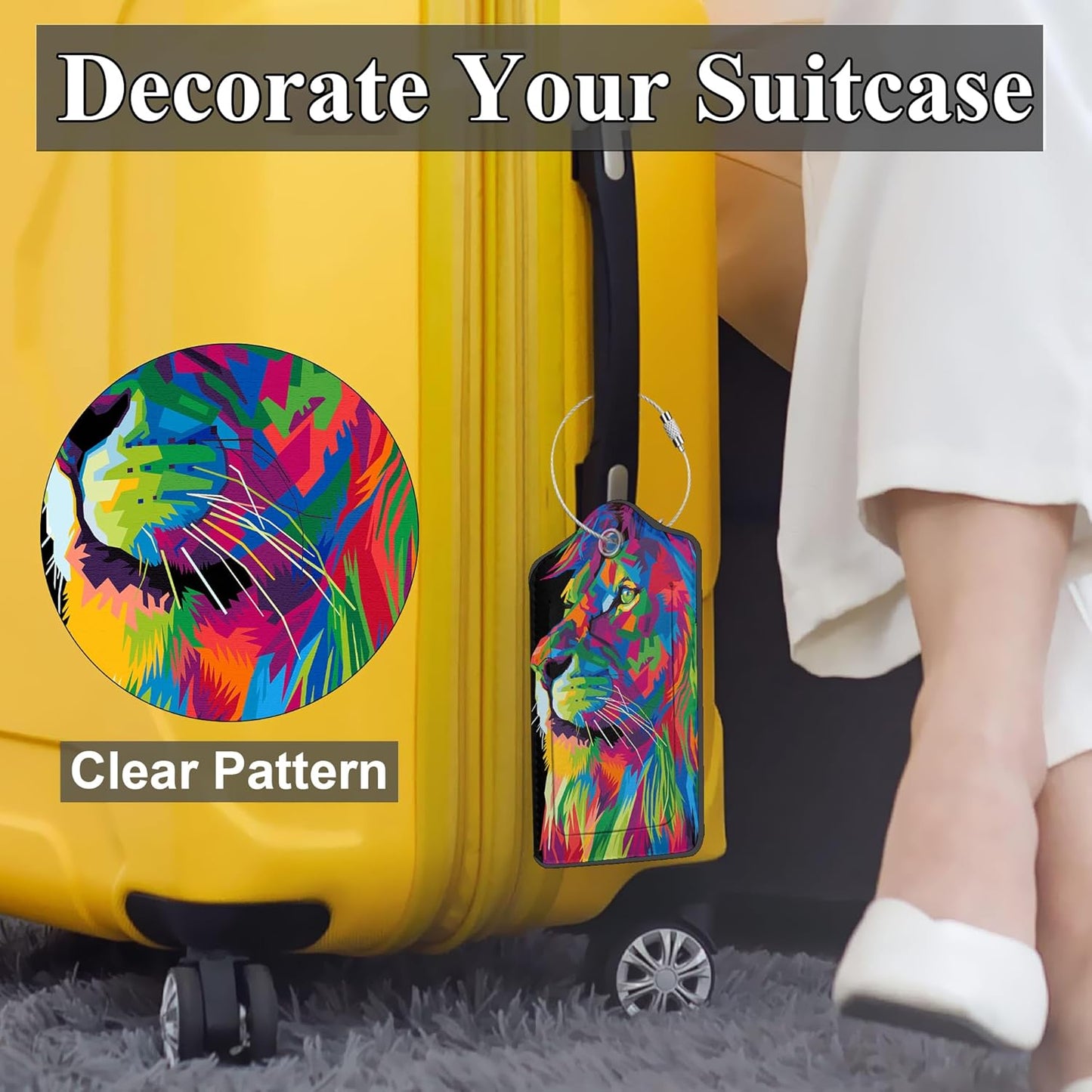 Colorful Pop Art Lion PU Leather Luggage Tags for Suitcase, Travel Cruise 2 Pack with Privacy Flap, Name ID Label and Metal Loop for Women Men Girls Baggage Backpack