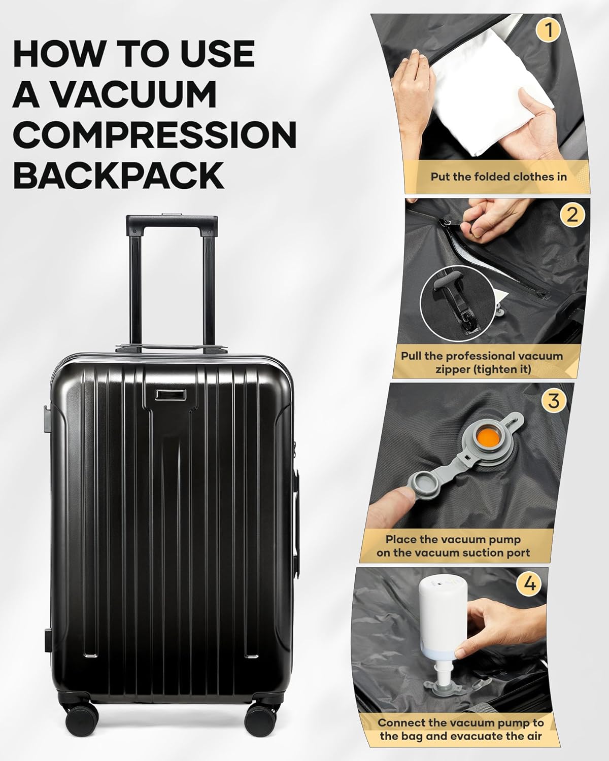 Vacuum Travel Luggage Sets 3 Piece,Air Vacuum Seal Suitcase With pump,Spinner Wheel, Hardside Suitcase Set with TSA Lock, Waterproof Travel Luggage for Men and Women with Vacuum System, Black