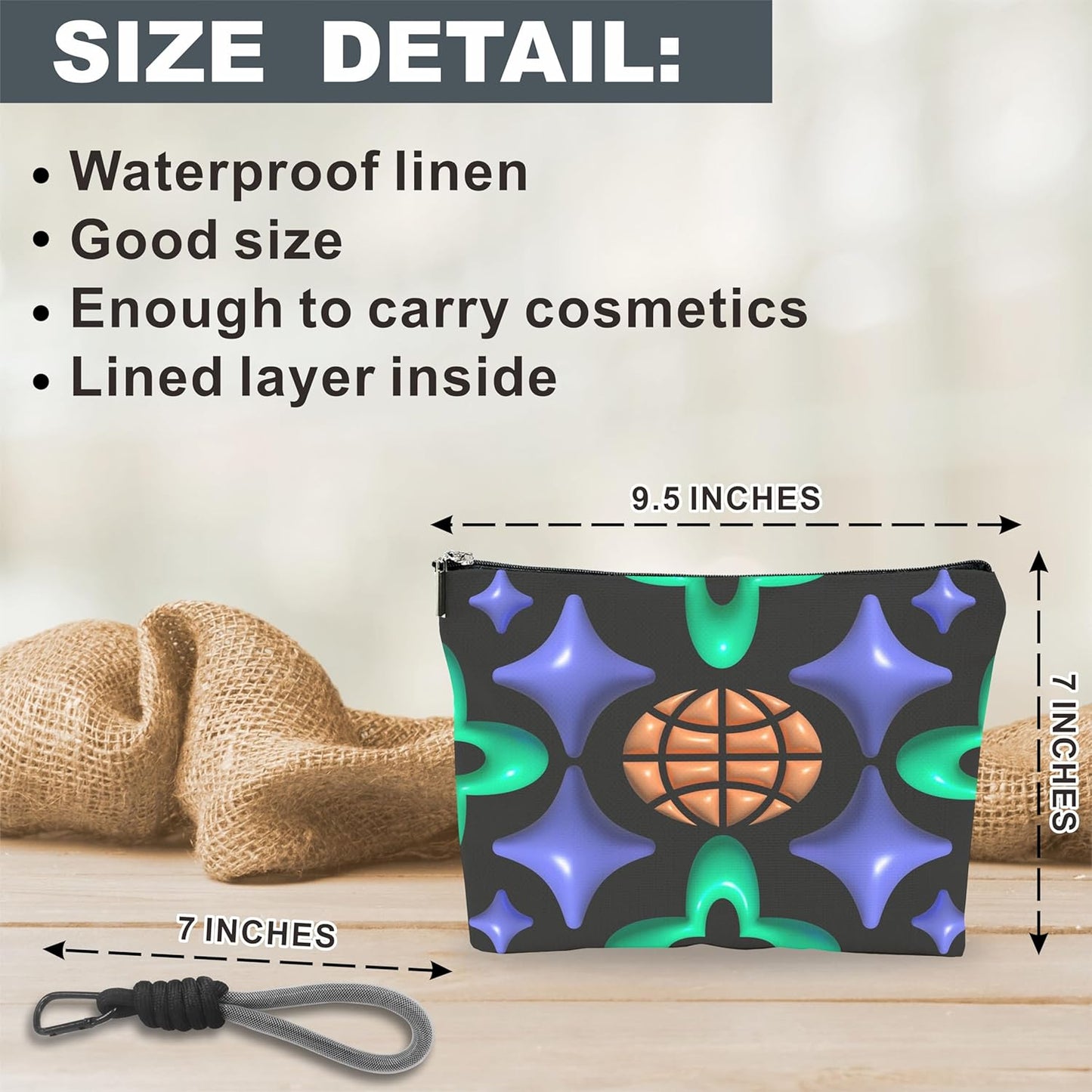 Make Up Bag, Cosmetic Bag With Hand Strap- Futuristic Stars & Clove - Lined Toiletry Bag For Woman - Travel Pouch, Organizer With Zipper, Woman Essentials & Accessories - A02