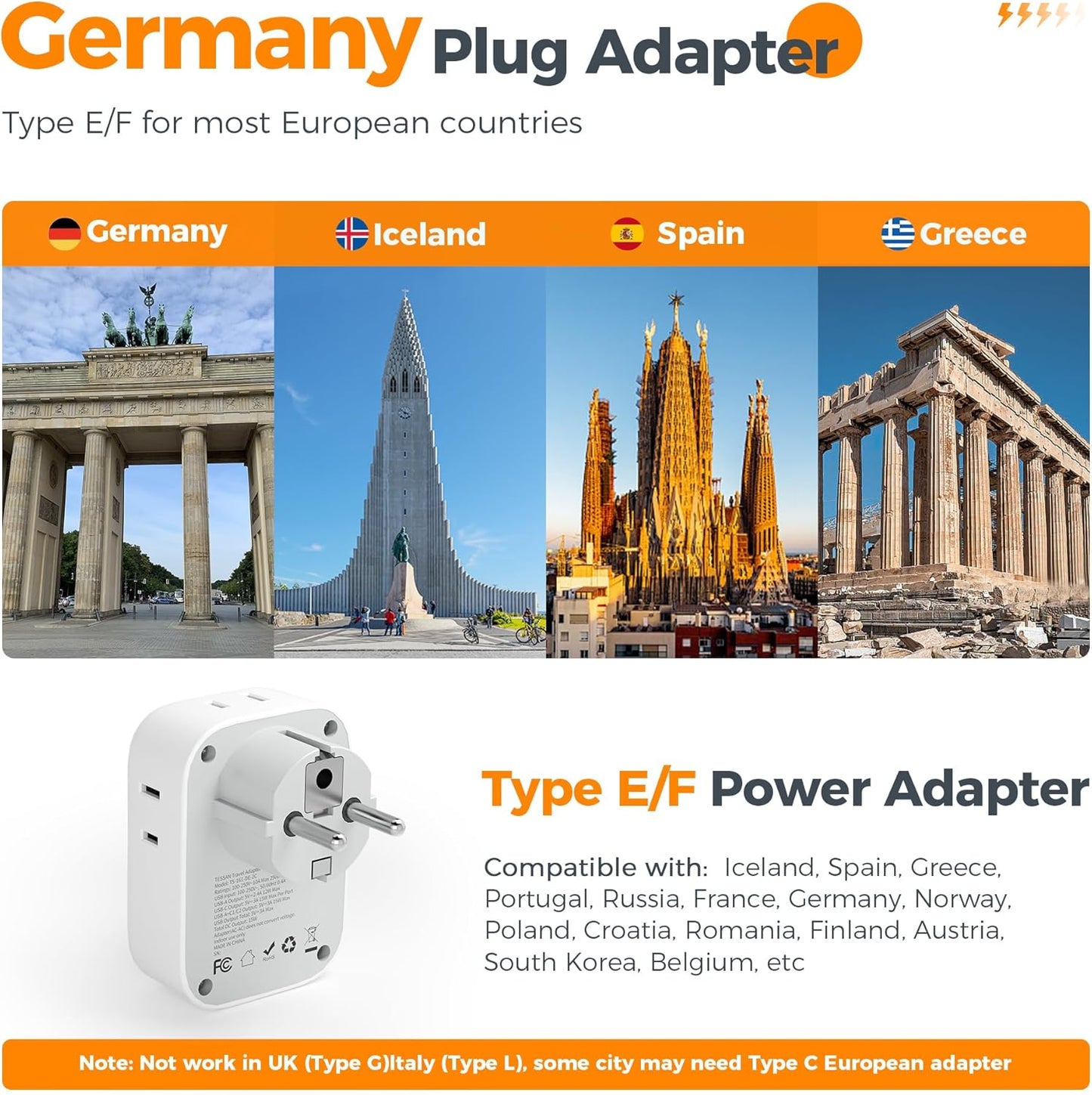 TESSAN Type E F Plug Adapter, France Travel Power Adaptor with 3 USB Ports(2 USB C) and 4 AC Outlets, US to Europe EU Germany Spain Greece Portugal Iceland Paris Russia Poland Norway