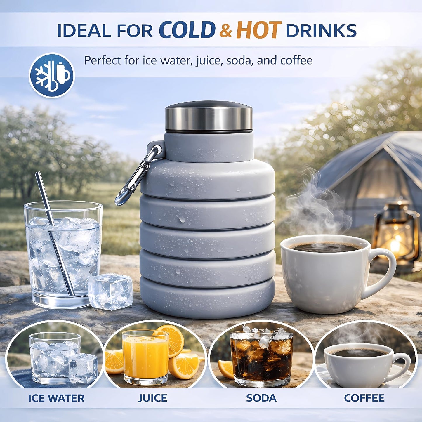 Collapsible Water Bottles,16oz Capacity Portable Reusable Silicone Water Bottle,Leak-proof,with