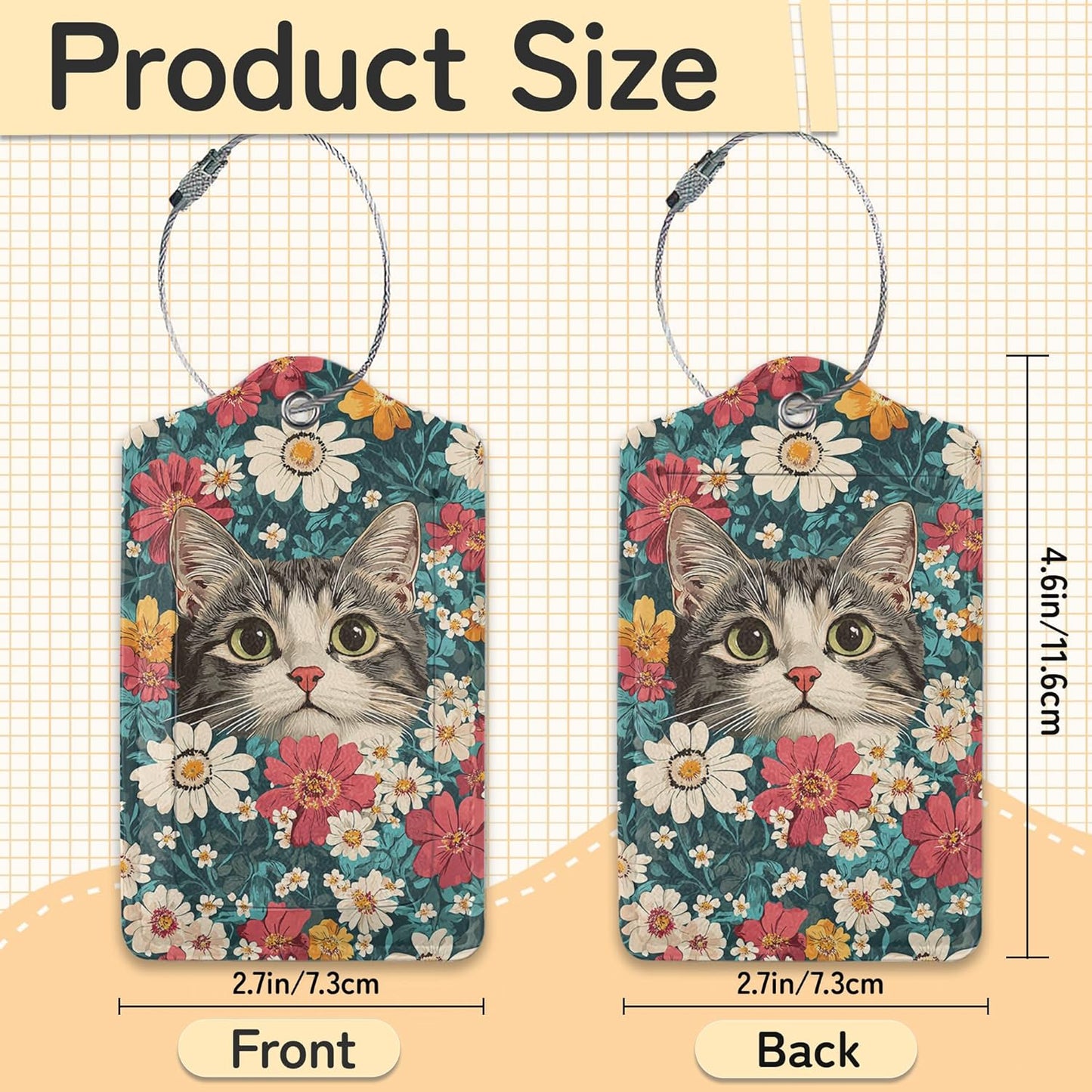Cute Cat Luggage Tags for Suitcase,3 Pack Blooming Colorful Flowers Luggage Tag Leather Privacy Cover ID Label with Stainless Steel Loop for Women Men