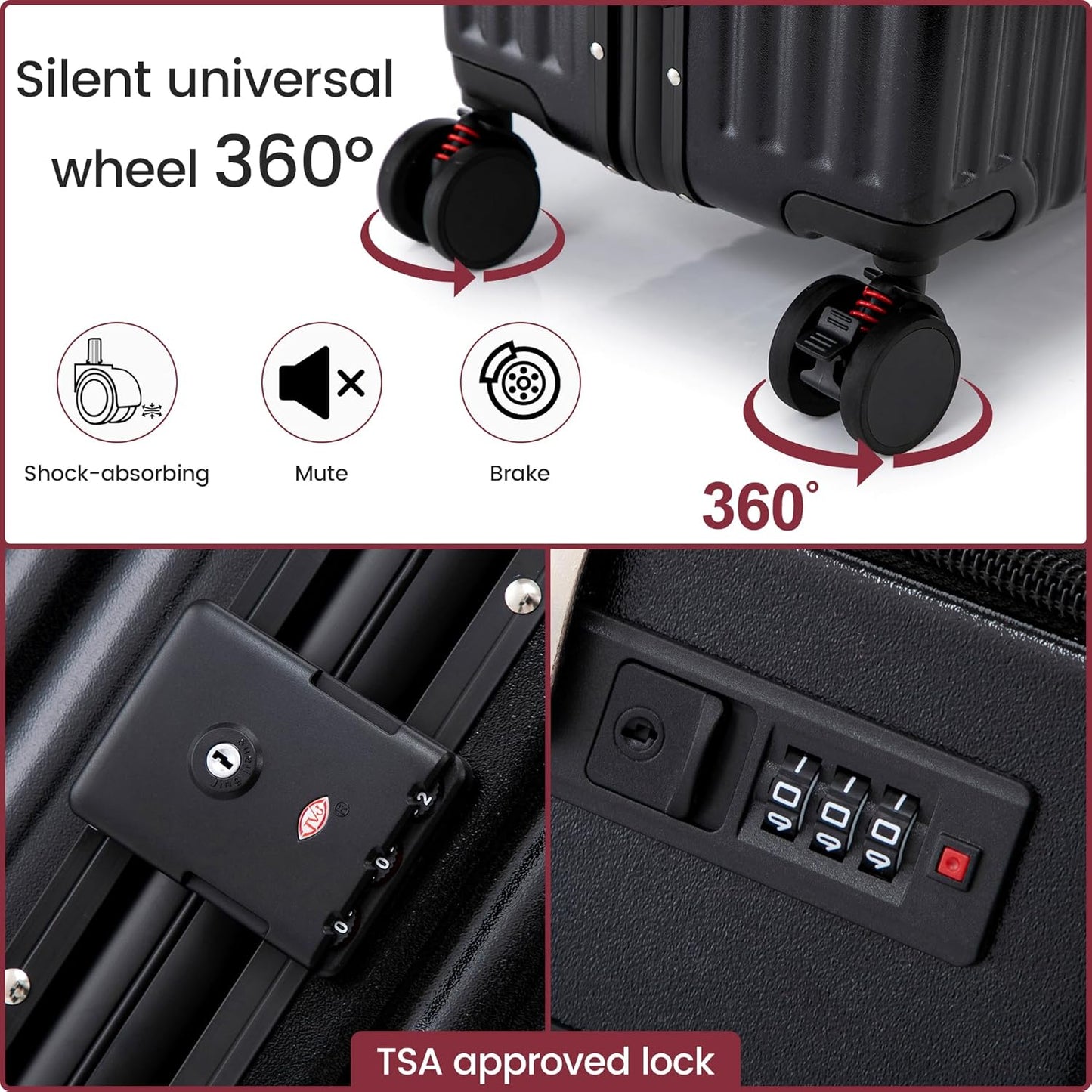 20 Inch Carry On Luggage with Spinner Wheels,Aluminum Frame PC Hard Shell Suitcase with USB Port,Lightweight Travel Luggage Airline Approved for Men Women, Black