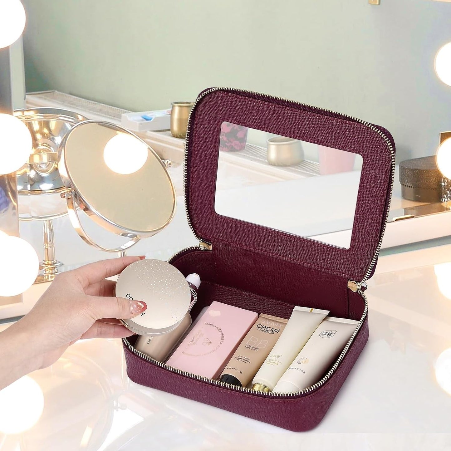 Clear Makeup Bag Women's Waterproof Travel Cosmetic Case and Toiletry Bag Portable Makeup Organizer Bag for Car with Zipper (Burgundy, M)