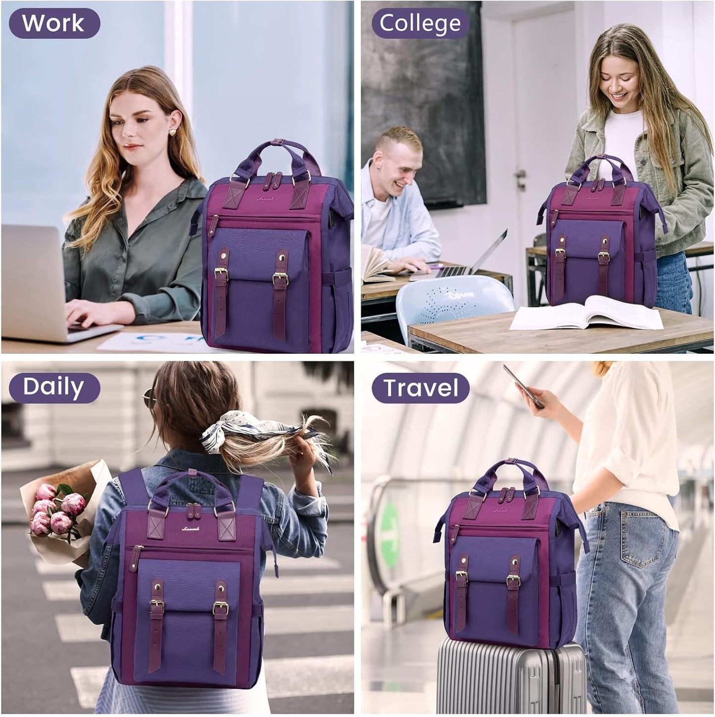 LOVEVOOK Laptop Backpack for Women Work Travel Computer Backpacks Purse, Doctor Nurse Bag Teacher Business Laptop Bag, Fashion College Backpack Casual Daypack, 15.6 Inch, Purple-Purple-Purple