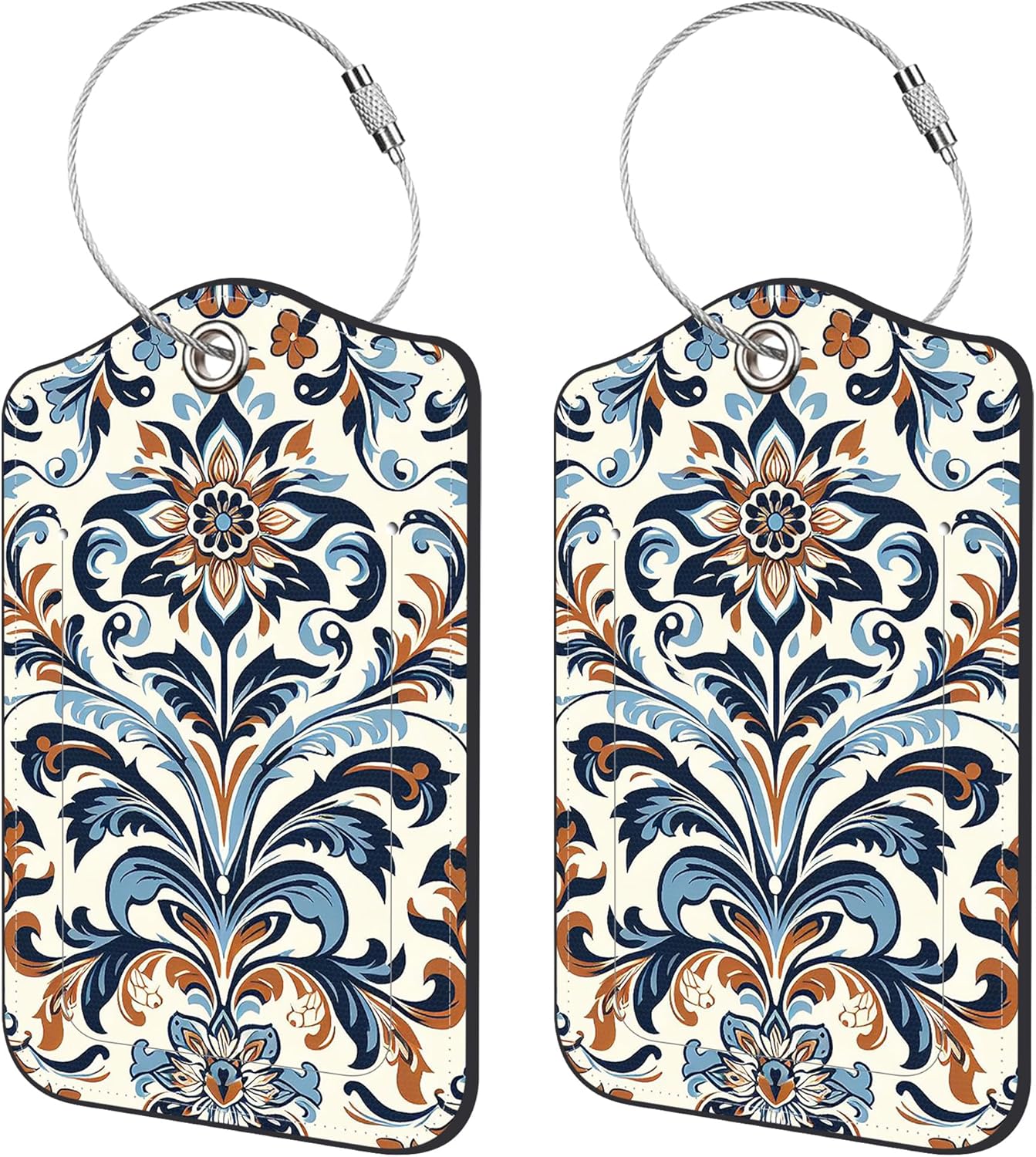 2 Pack Luggage Tags,Damask Floral PU Leather Idea Baggage Tag with ID Labels Privacy Cover Metal Ring Men and Women Travel Bag Labels