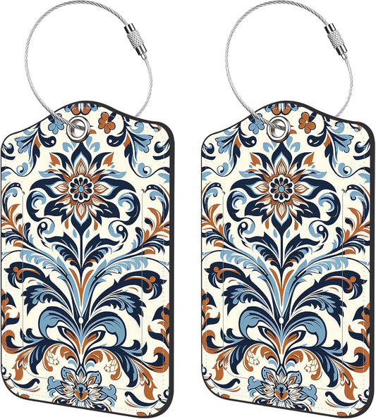 2 Pack Luggage Tags,Damask Floral PU Leather Idea Baggage Tag with ID Labels Privacy Cover Metal Ring Men and Women Travel Bag Labels