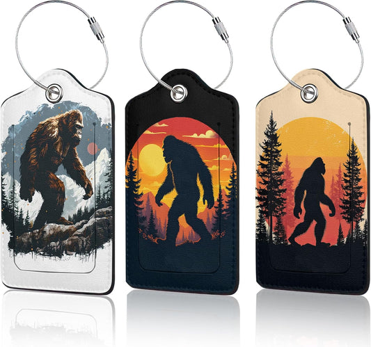 3 Pack Big Foot Luggage Tags for Suitcases, Forest Moon Cute Leather Name Tag with Privacy Cover with Stainless Steel Loops, Travel ID Bag Tags for Women Men