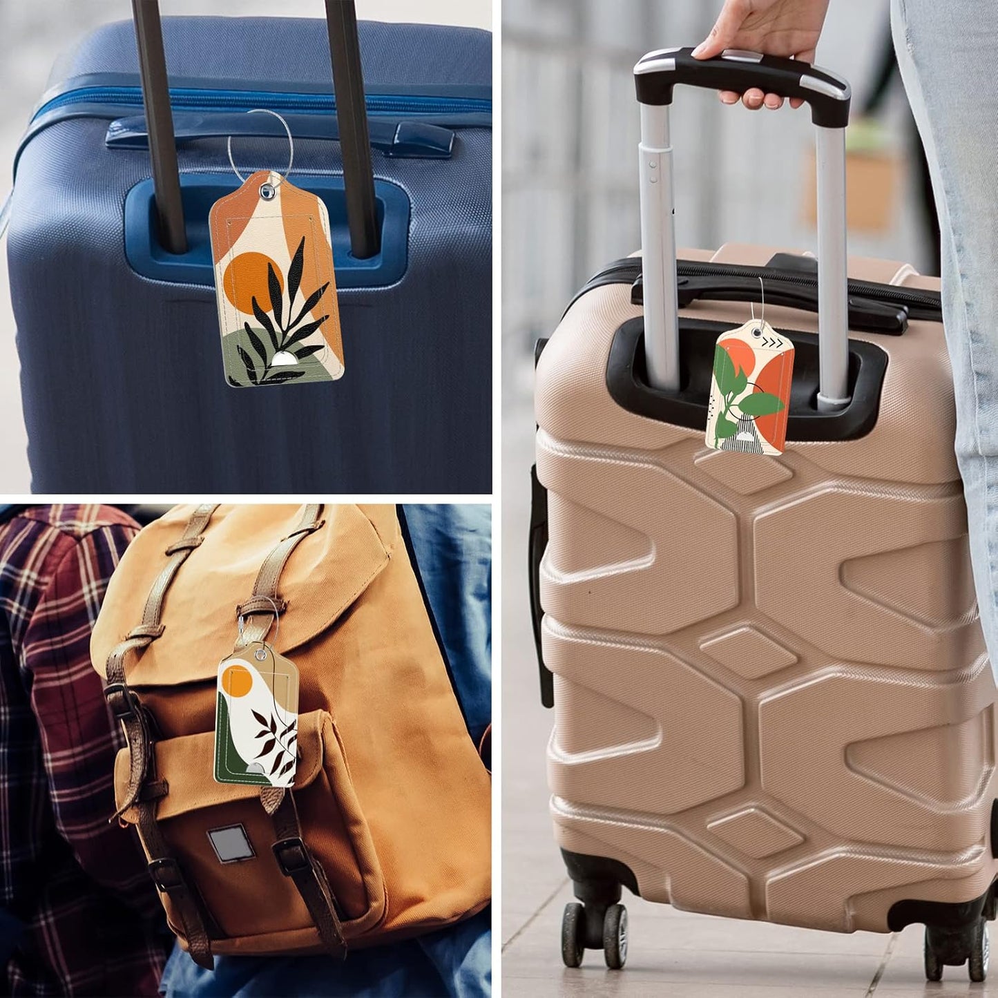 Rimilak 3 Pcs PU Leather Luggage Tags for Suitcase, Travel Cruise Luggage Tag with Privacy Flap, Name ID Label and Metal Loop for Women Men Baggage Handbag School Bag Backpack, Tropical Plant