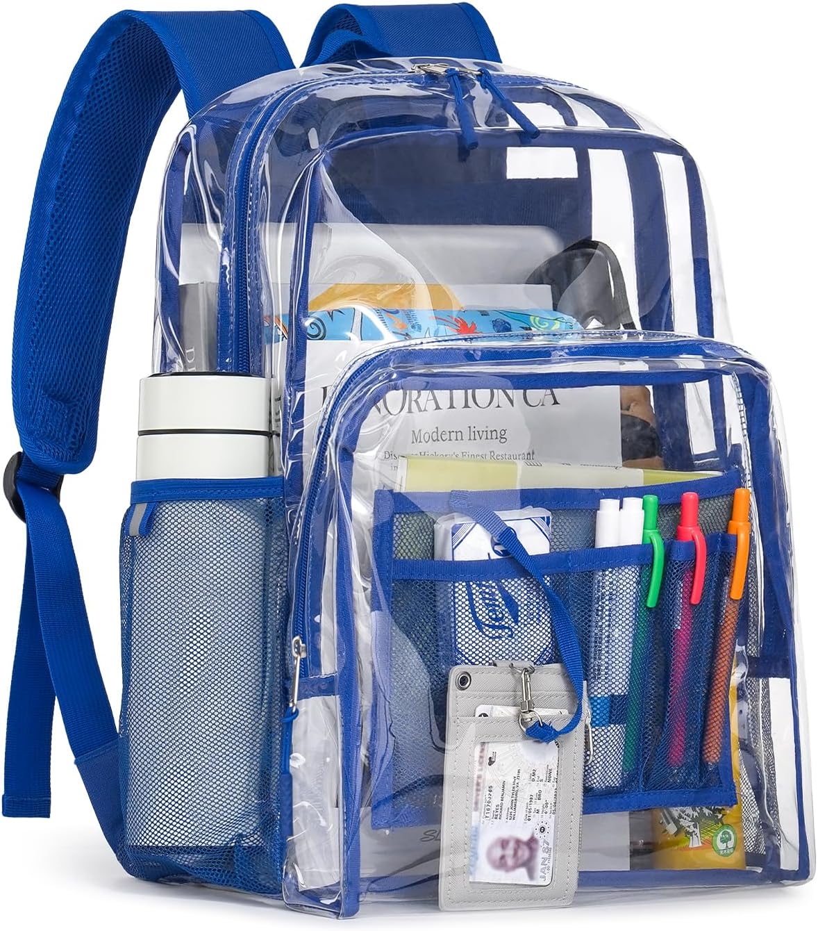 Clear Backpack for School, 17 inch Large Heavy Duty-TPU See Through Bookbag for Boys Girls and Adult, Transparent Backpack With Multi-Pockets for College Work Gym Sport, Blue