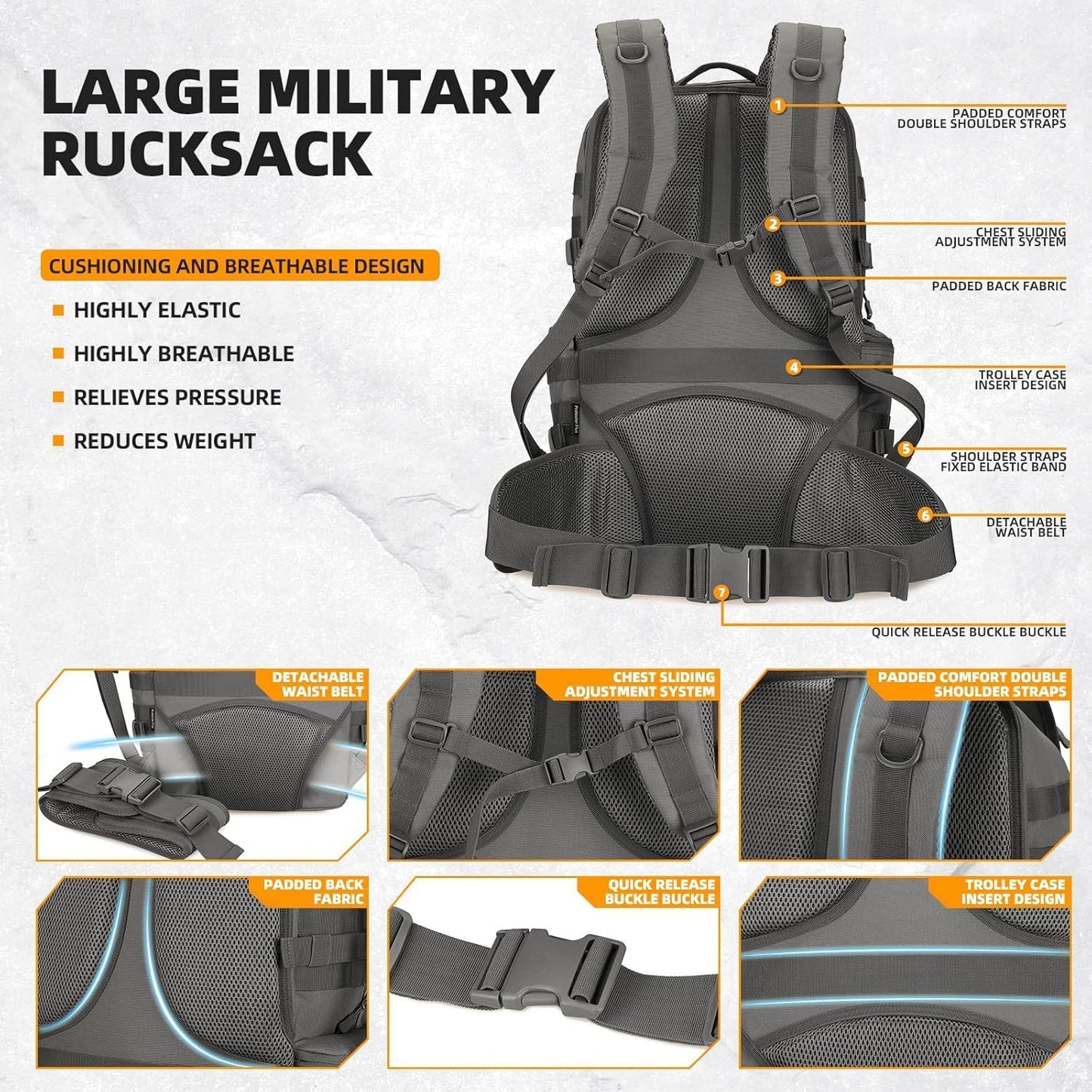 50L Military Tactical Backpack 3 Day Assault Pack Molle Daypack Hiking Backpack for Men and Women (Gray)