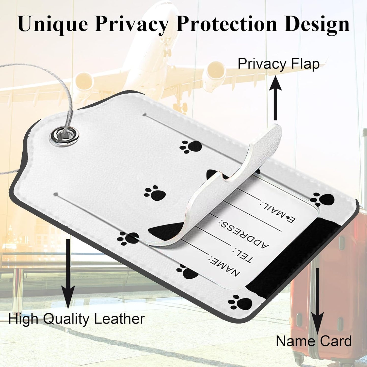 Set of 2 Luggage Tags for Suitcases, Leather Cute Black Cat Baggage Tags with Stainless Steel Loop, Privacy Name ID Card Cover Kawaii Travel Labels for Women Men Kids Girls