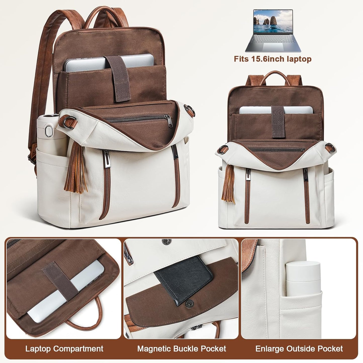 Shrrie Laptop Backpack for Women 15.6 inch,Travel Leather Backpack Purse Nurse Teacher Carry on
