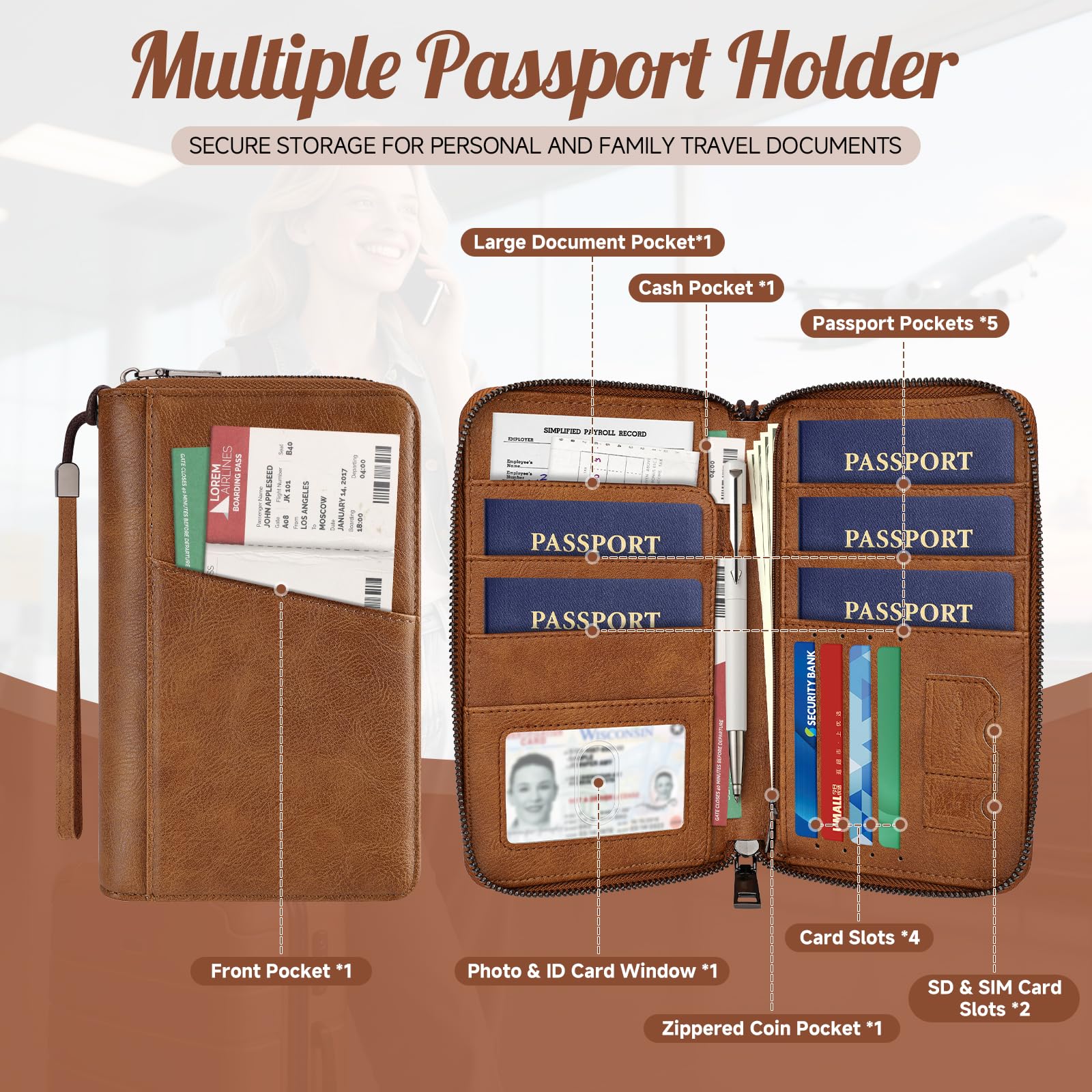Likesing Family Passport Holder for 5, RFID Multiple Passport Holder-Brown