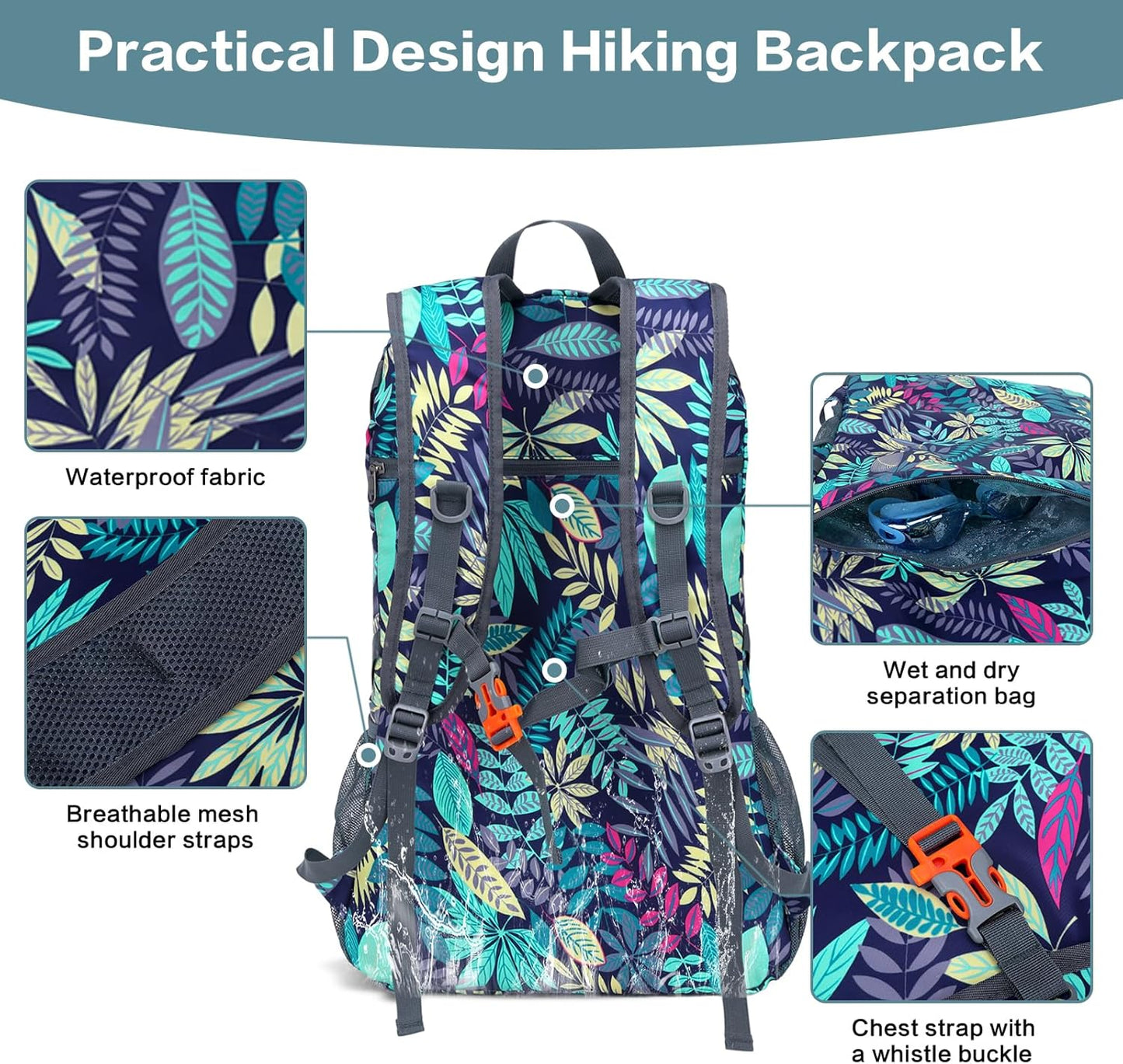40L Hiking Backpack, Lightweight Foldable Hiking Daypack with Wet Pocket, Waterproof Travel Camping Bag for Men Women