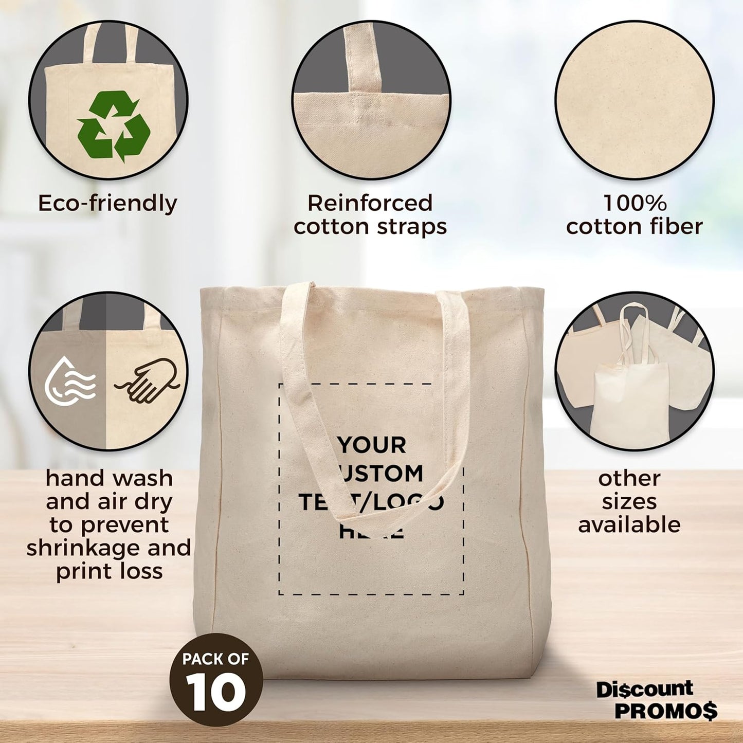 DISCOUNT PROMOS Custom Cotton Canvas Tote Bags (Set of 10) - Personalized, Reusable & Eco-Friendly - Perfect for Grocery, Promotions, Branding - Natural Color, 14.25"X15.5"X5", 10 OZ Cotton