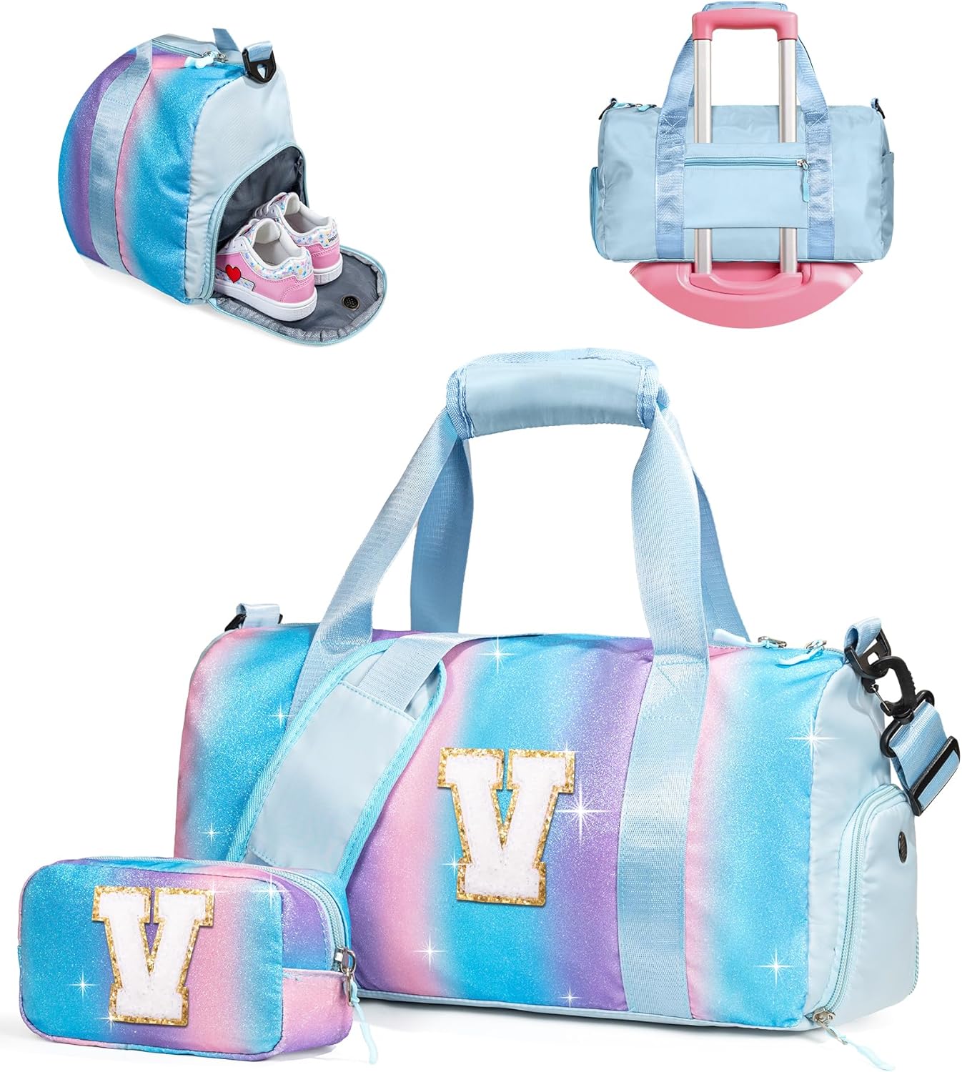 Christmas Gifts for Kids-Girl Gym Bag with Shoe Compartment, Kid Personalized Weekender Overnight Bags, Initial Travel Tote with Makeup Pouch, Soccer Gifts for Girls (Letter V)