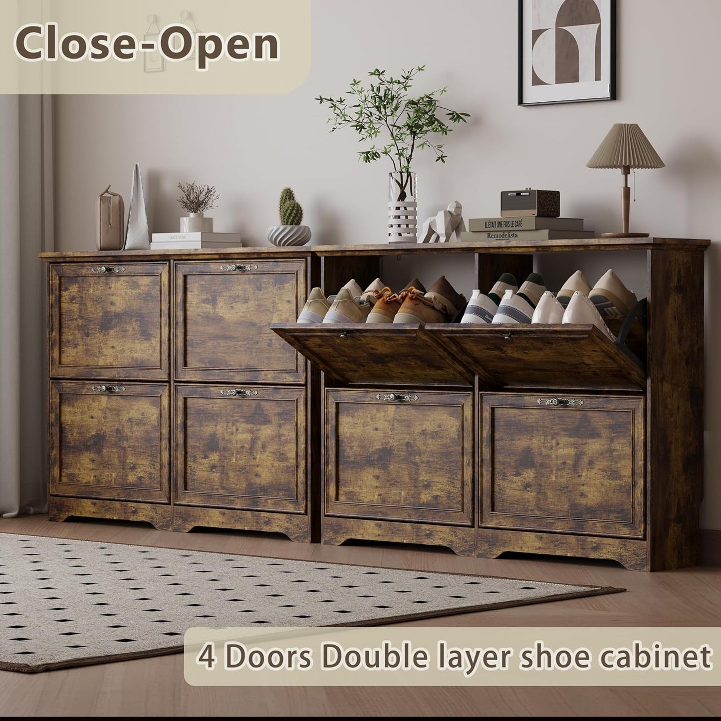Large Shoe Cabinet for Entryway, 4 Flip Drawer Organizer with Adjustable Shelves, Wooden Slim Shoe Storage Cabinet and Rack for Closet, Hallway, Foyer