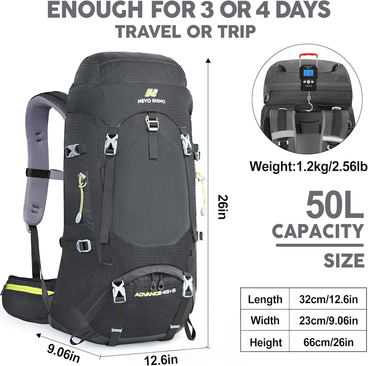 N NEVO RHINO Internal Frame Hiking Backpack 50/60/65/70/80L, Mountain Climbing Camping Backpack Daypack Waterproof Rain Cover