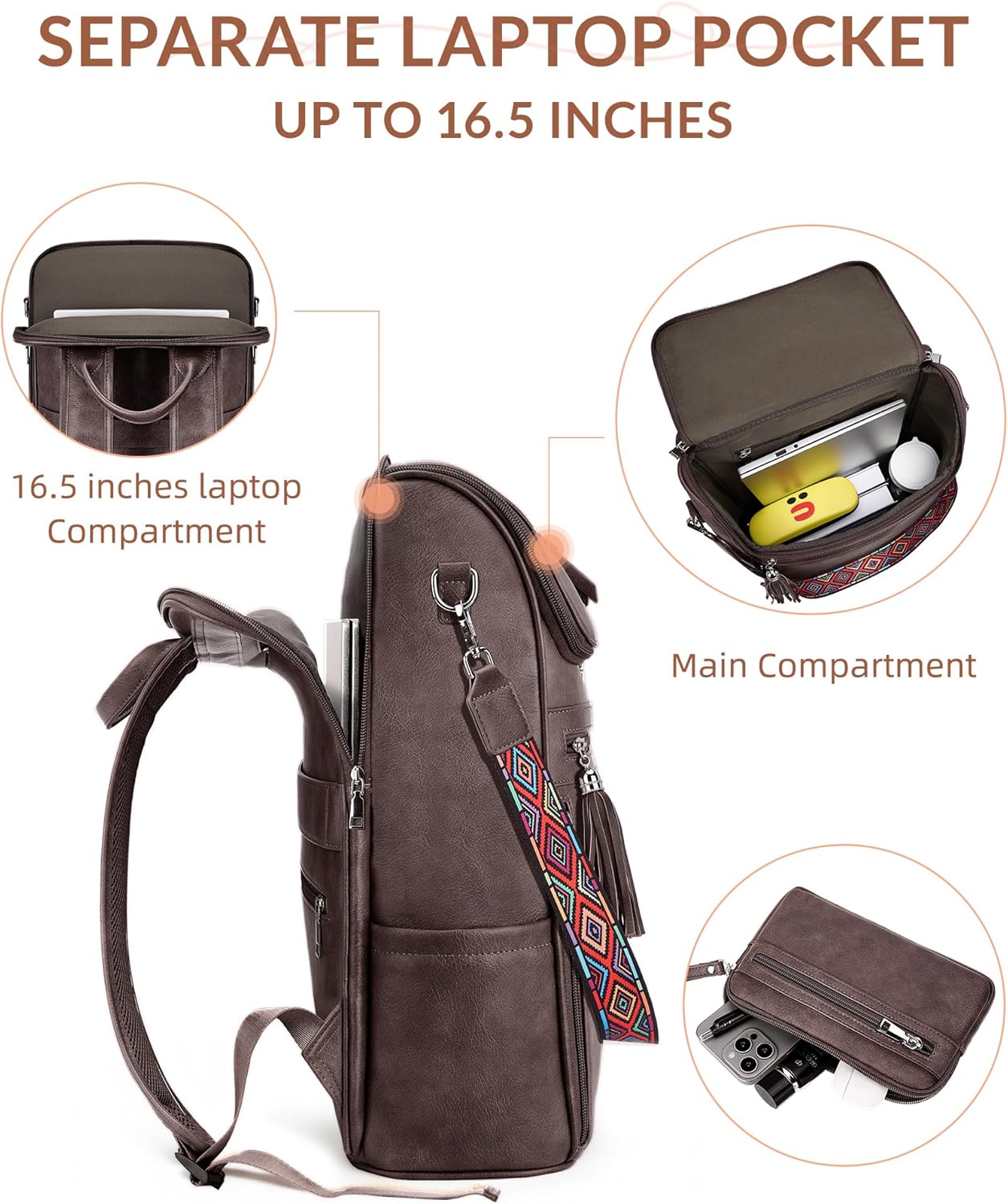Leather Laptop Backpack for Women Designer Laptop Bag, 16.5 inch Travel Computer Backpacks Purse with Tassel for Work Business with Satchel Purse Dark Coffee