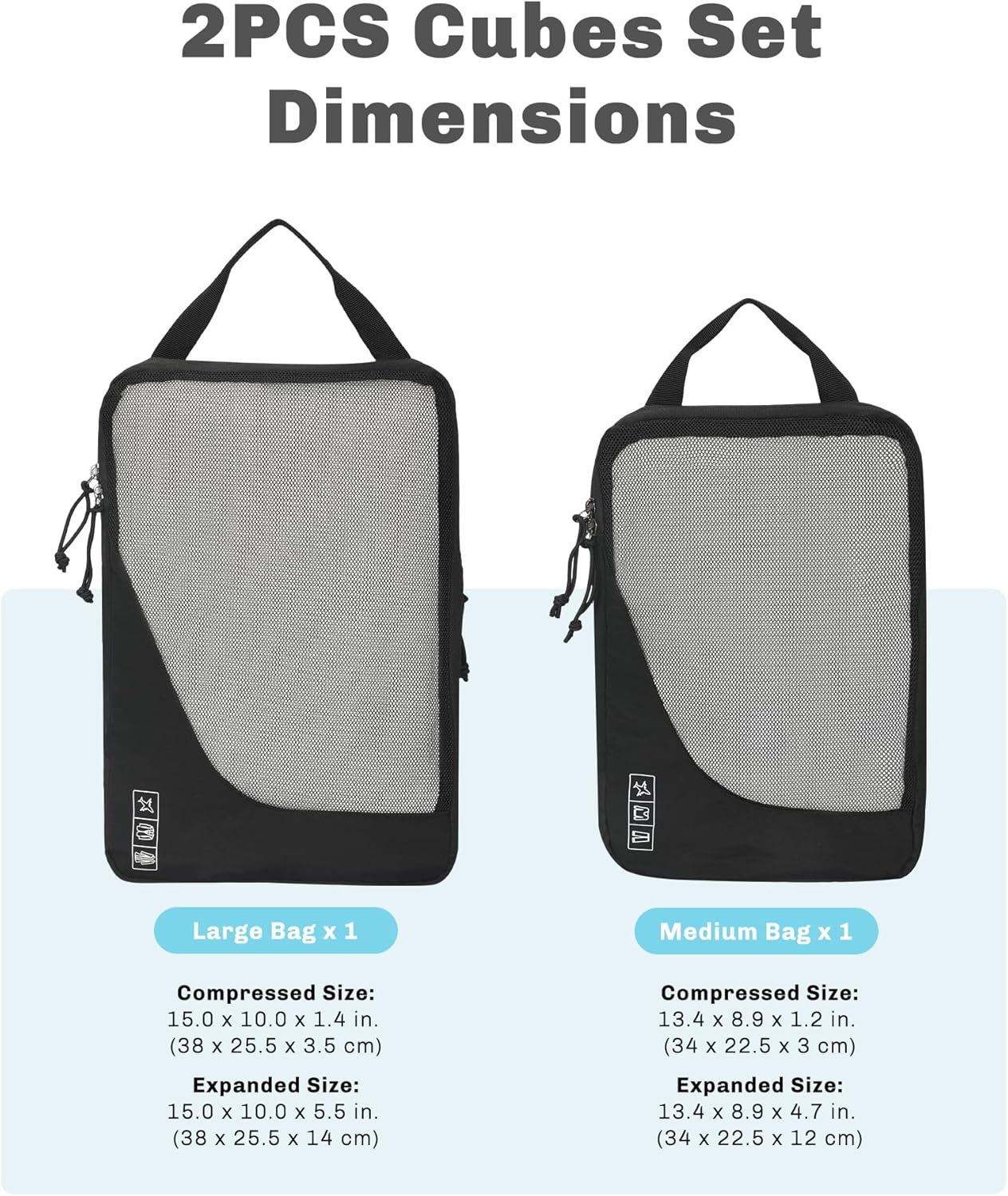 Hynes Eagle 6 Set/ 4 Set/ 2 Set Compression Packing Cubes Travel Essentials Lightweight Nylon Luggage Suitcase Organizer Bag Black 2PCS