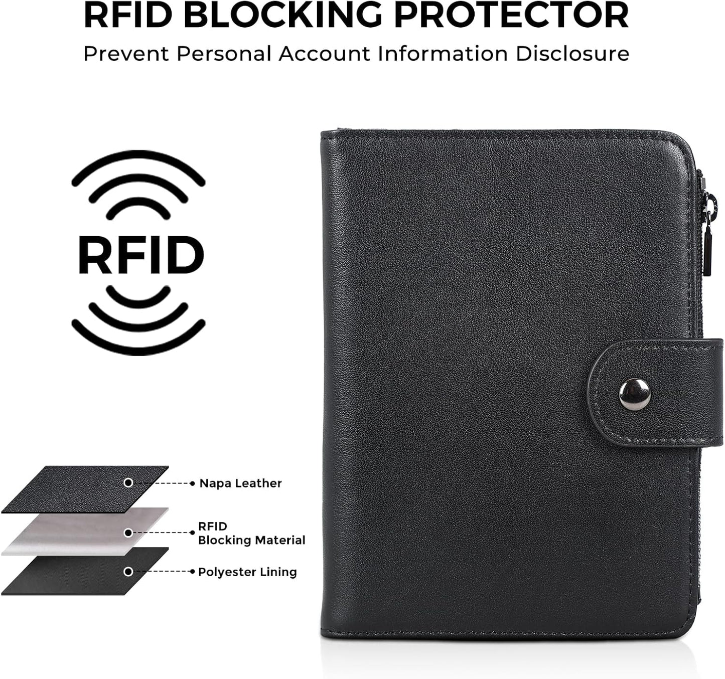 Polare Napa Leather Travel Passport Holder with YKK Zipper Pocket Snap Passports Cover RFID Blocking Passport Wallet Holders 2 Passports (Black with Zipper Pocket)