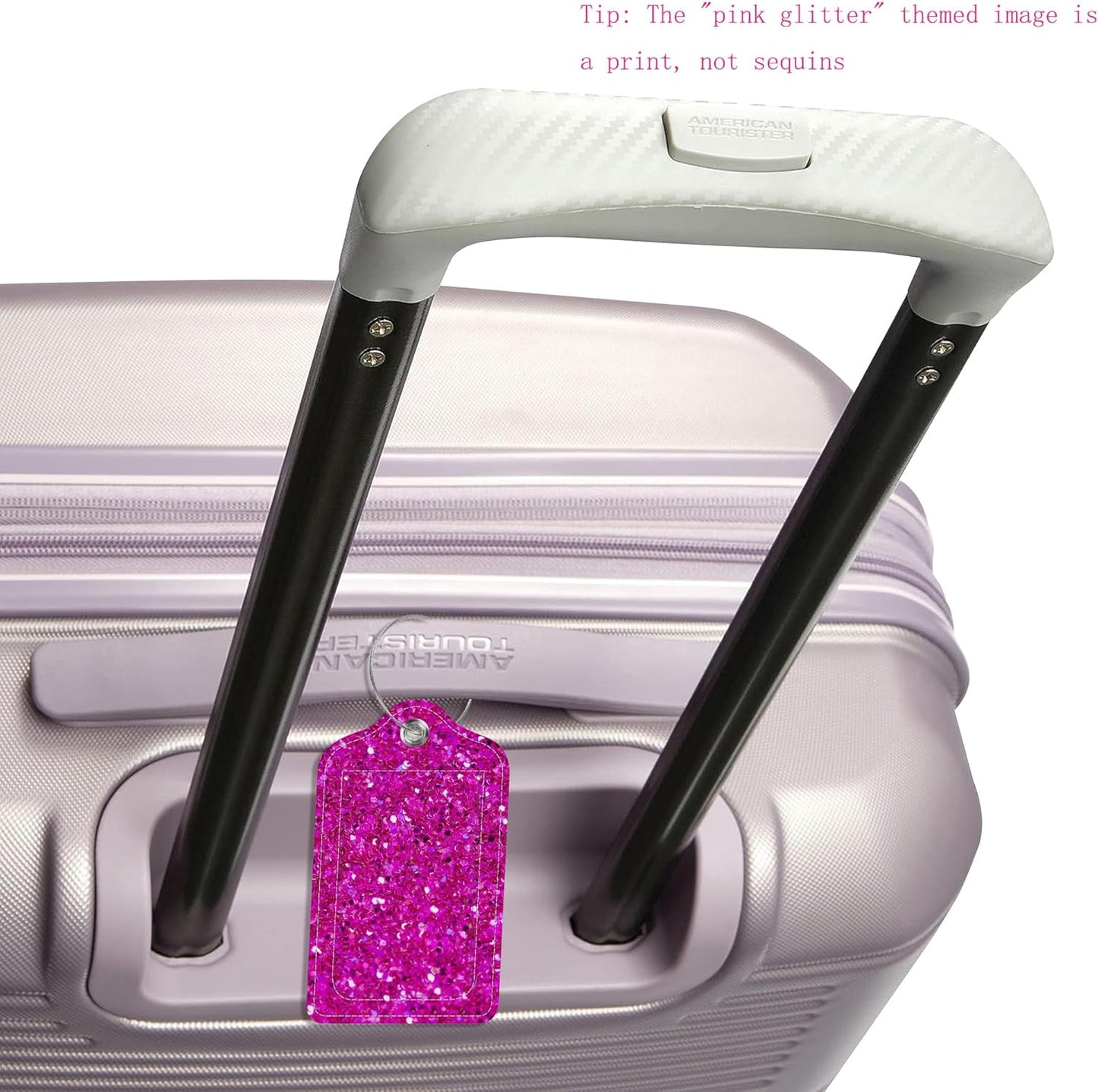 Luggage Tags for Suitcase,2 Pack Pink Glitter Print Luggage Tag,PU Leather Id Label Luggage Tags with Stainless Steel Loop and Privacy Cover for Women Men Teens Travel