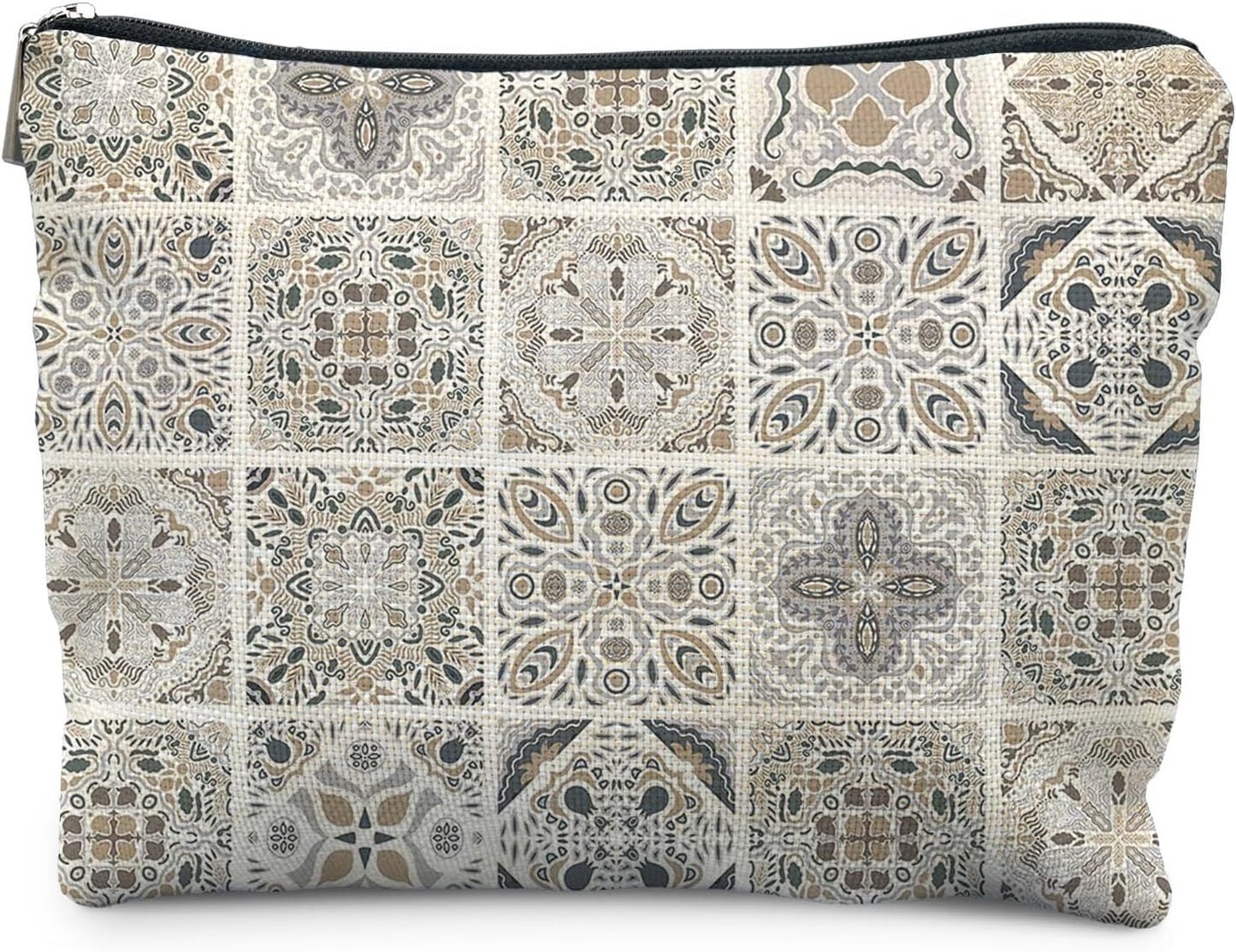 Vintage Boho Mandala Floral Makeup Bag, Ethnic Moroccan and Mediterranean Tile Cosmetic Bags for Women, Mexican Gifts for Women, Traditional Block Print Zipper Makeup Pouch