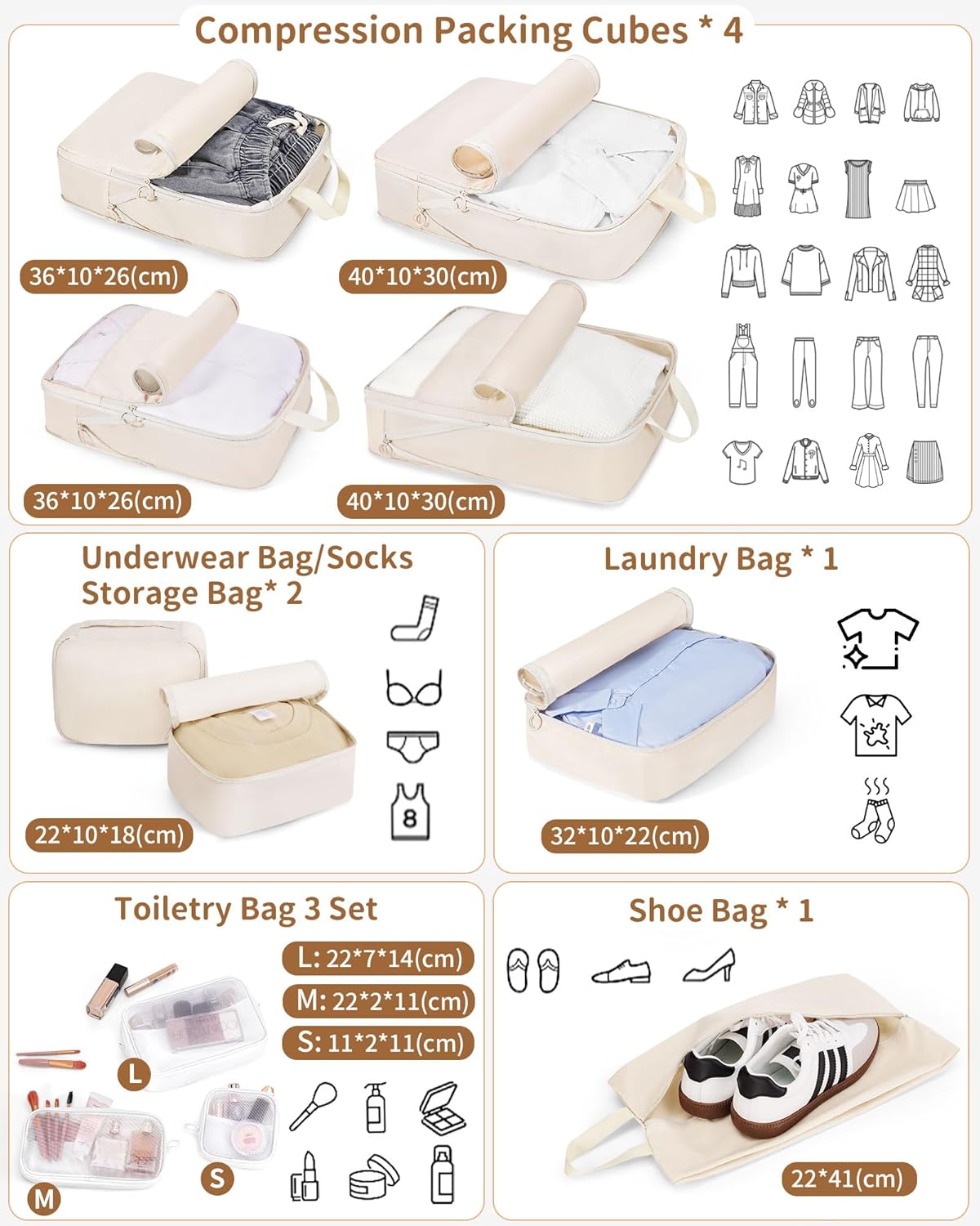 Compression Packing Cubes 11 Set, Suitcase Organizers, Luggage Organizer Bags for Storage, Extendable Packing Cubes for Travel Compression, Travel Essentials, Beige