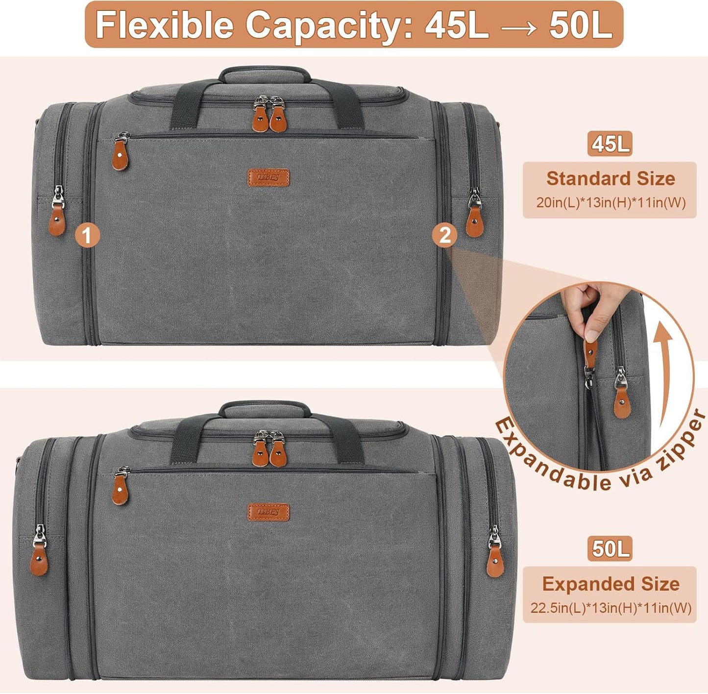 Canvas Mens Duffle Bag for Travel - Expandable 50L Weekender Bags with Toiletry Bag, Overnight Bag Travel Duffel Carry On Luggage with Removable Shoulder Strap, Durable & Water-Resistant