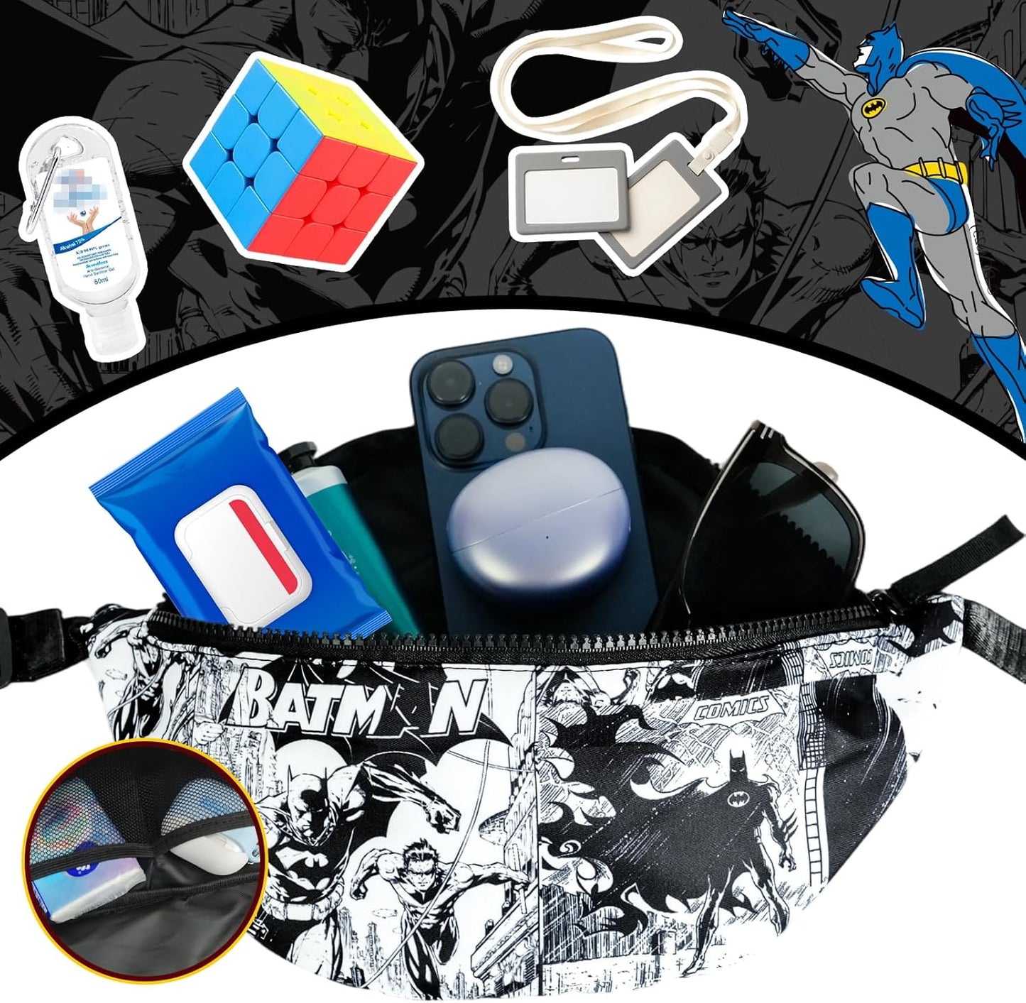 BATMAN Fanny Pack for Boys, Lightweight Superhero Waist Pack with Adjustable Strap for Travel Running Hiking Workout Cycling Christmas Birthday Gift
